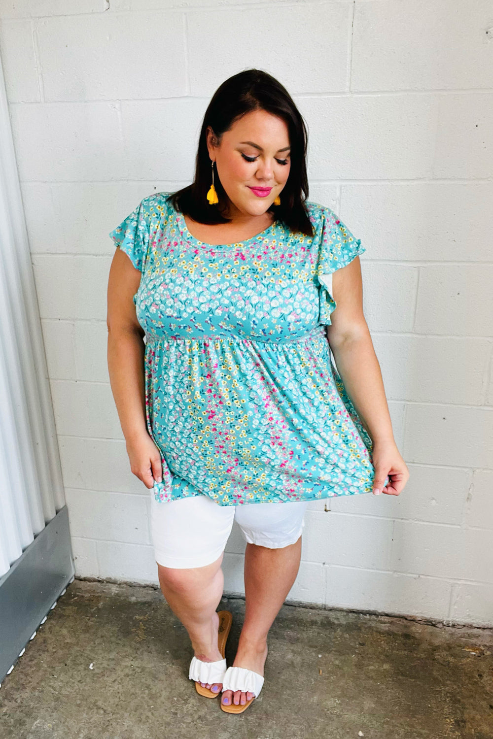 Turquoise Floral Stripe Babydoll Top