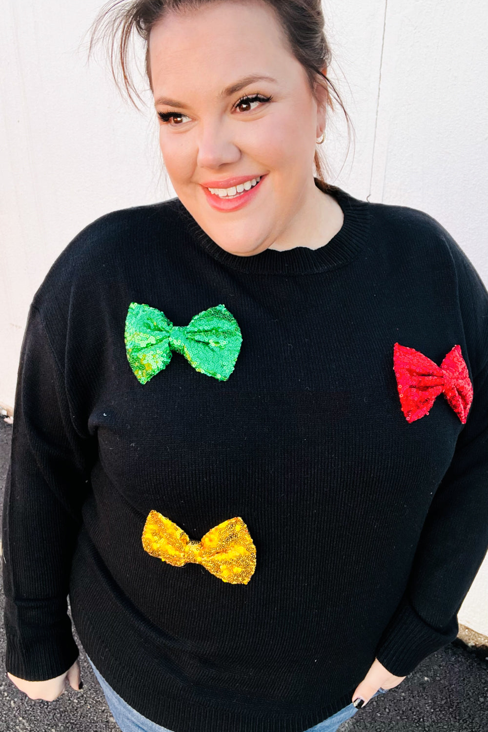 Black Multicolor Sequin Bow Knit Sweater