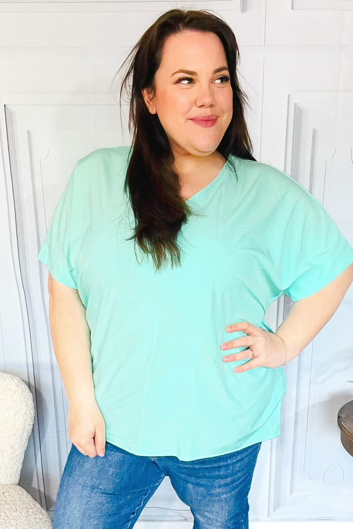 Mint Drop Shoulder V Neck Woven Top