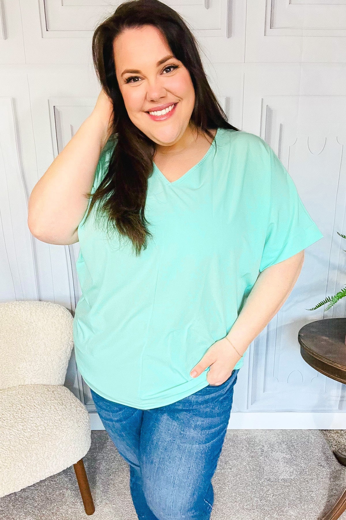 Mint Drop Shoulder V Neck Woven Top