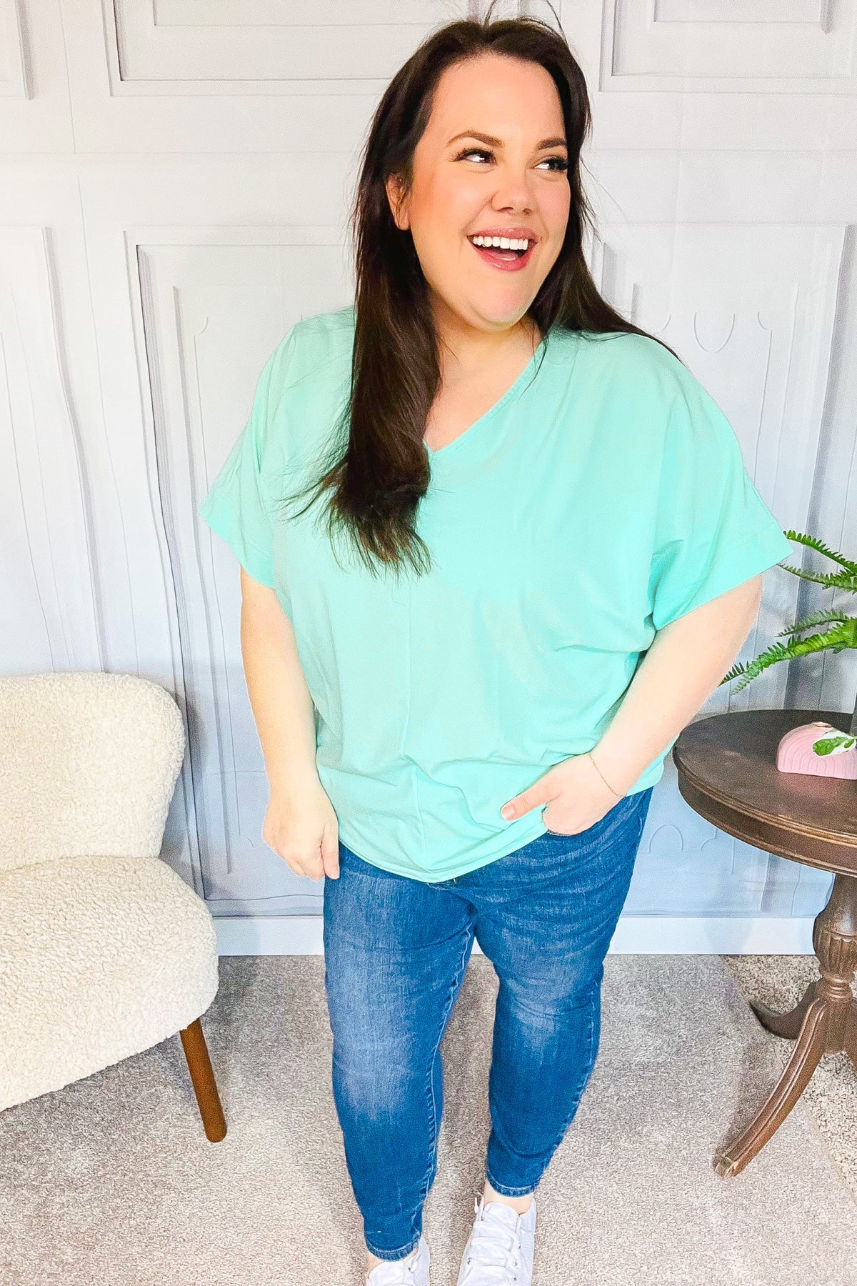 Mint Drop Shoulder V Neck Woven Top