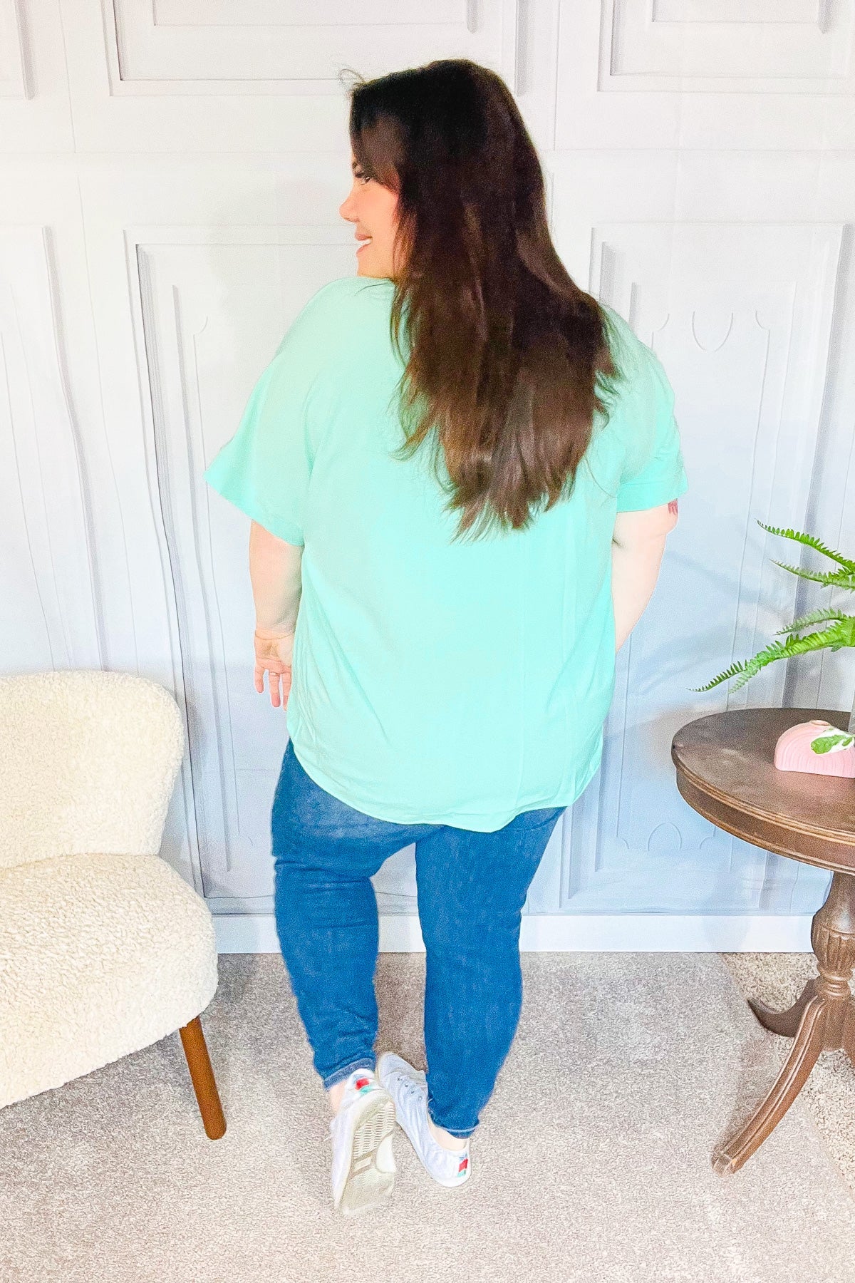 Mint Drop Shoulder V Neck Woven Top