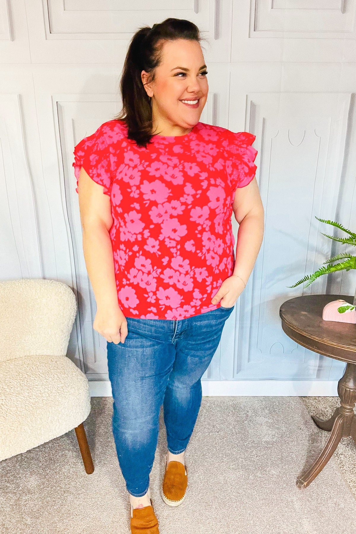 Red & Fuchsia Floral Smocked Ruffle Sleeve Top