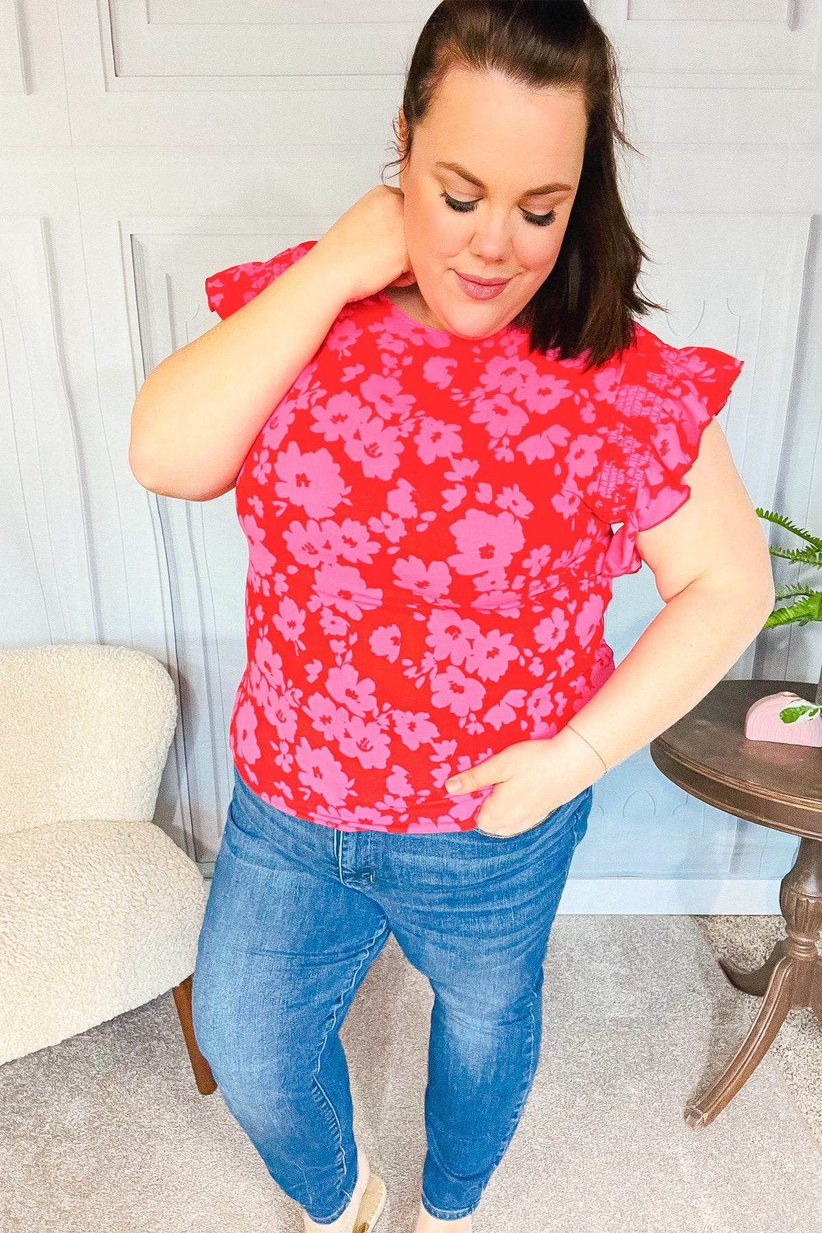 Red & Fuchsia Floral Smocked Ruffle Sleeve Top