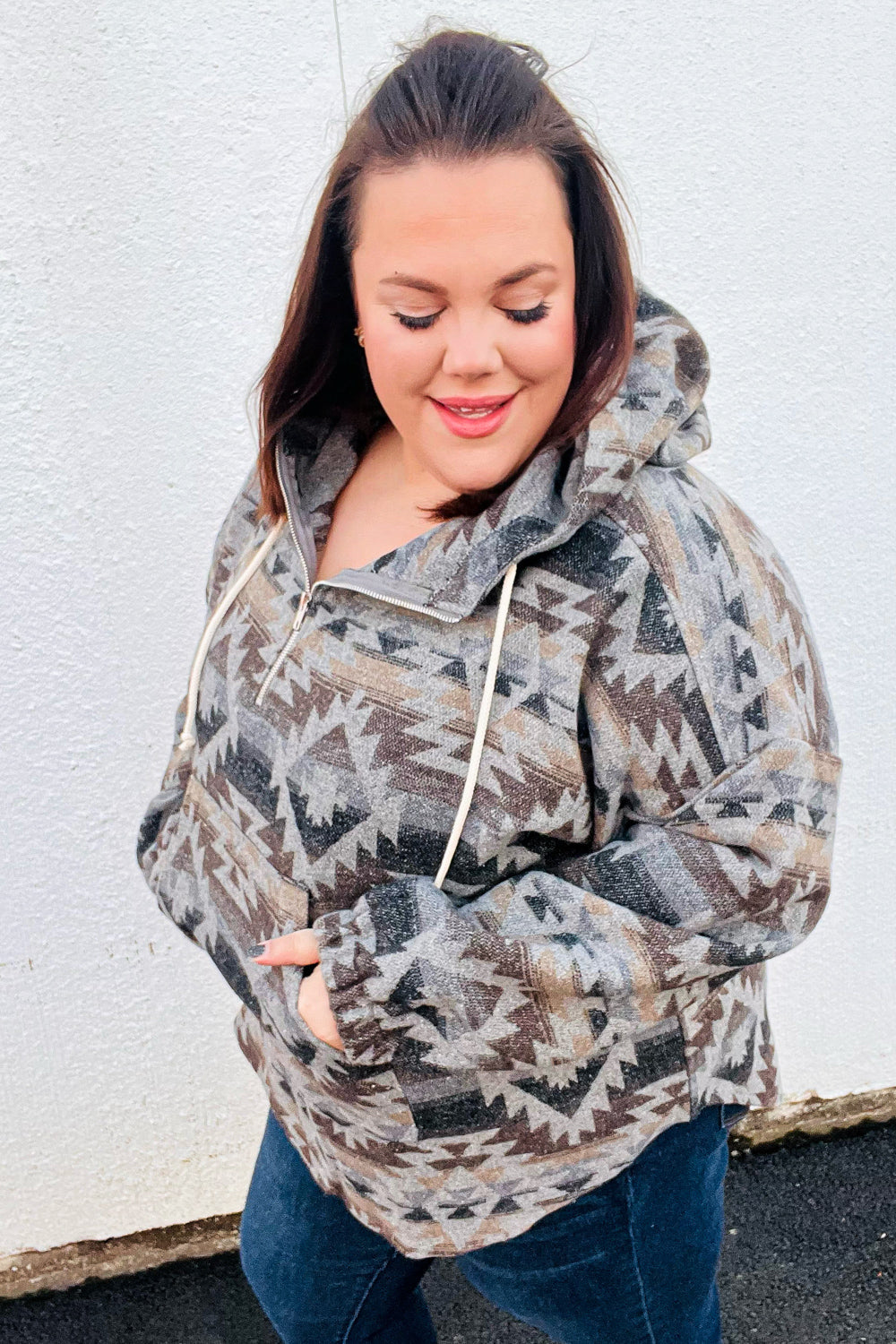 Grey Aztec Half Zip High Neck Hoodie