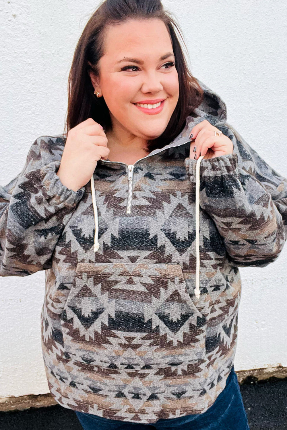 Grey Aztec Half Zip High Neck Hoodie