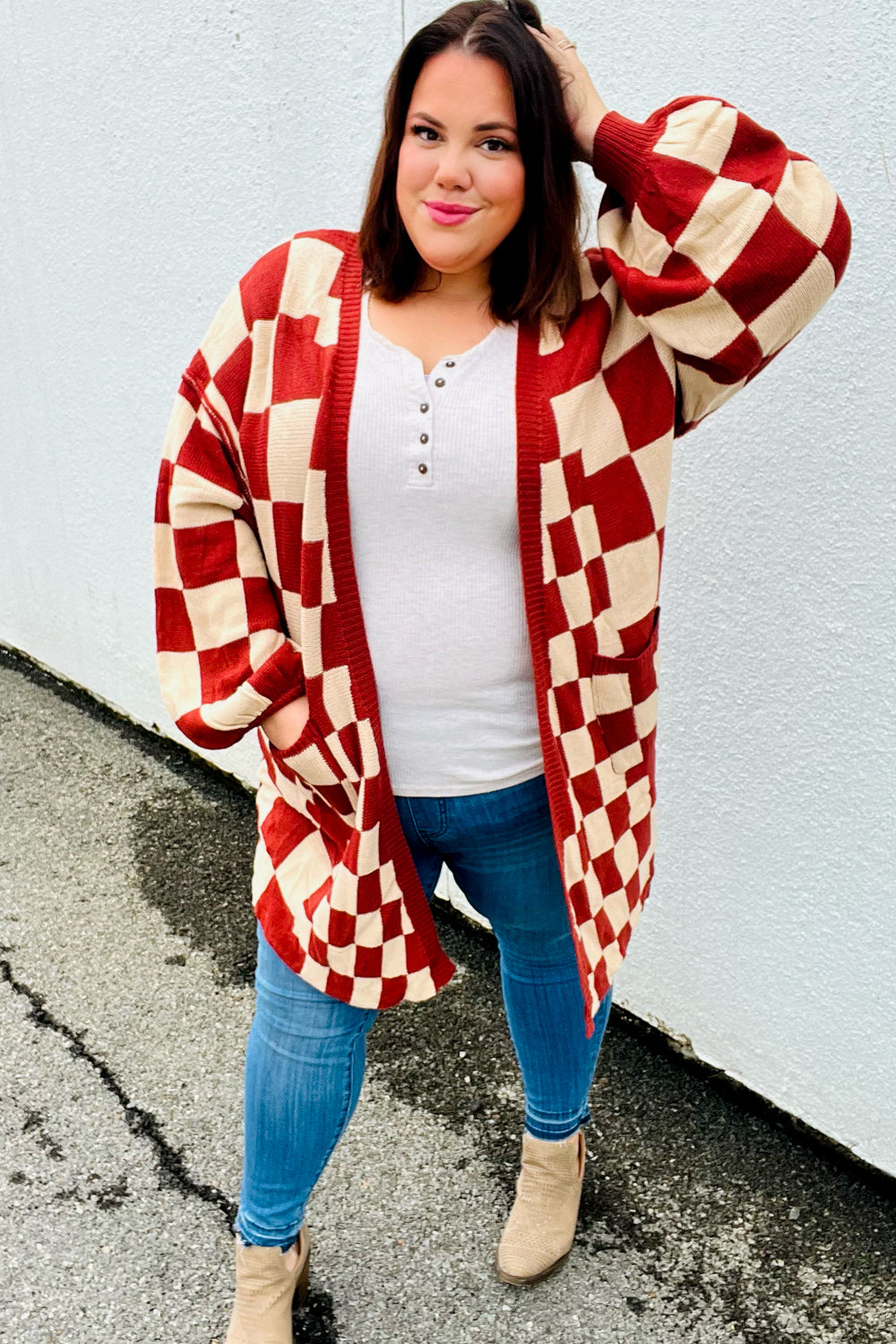 Rust Checkered Open Cardigan