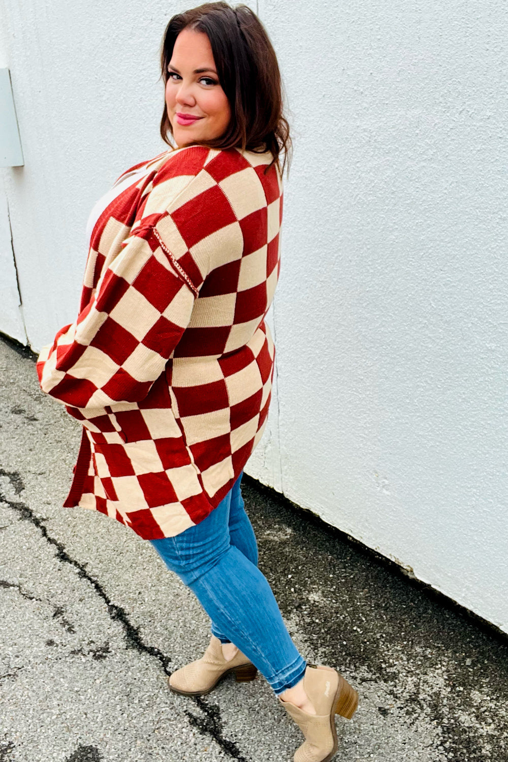 Rust Checkered Open Cardigan