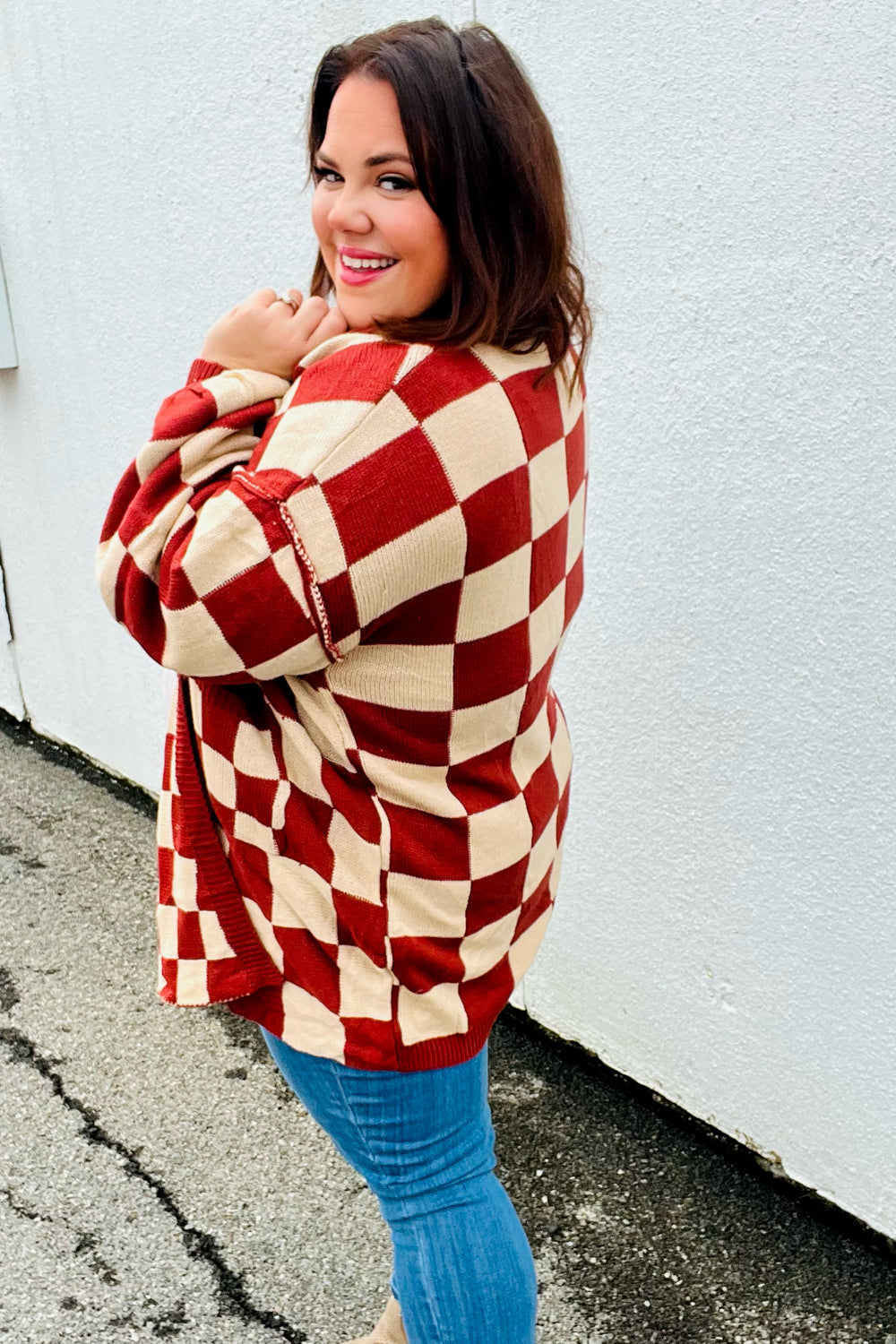 Rust Checkered Open Cardigan