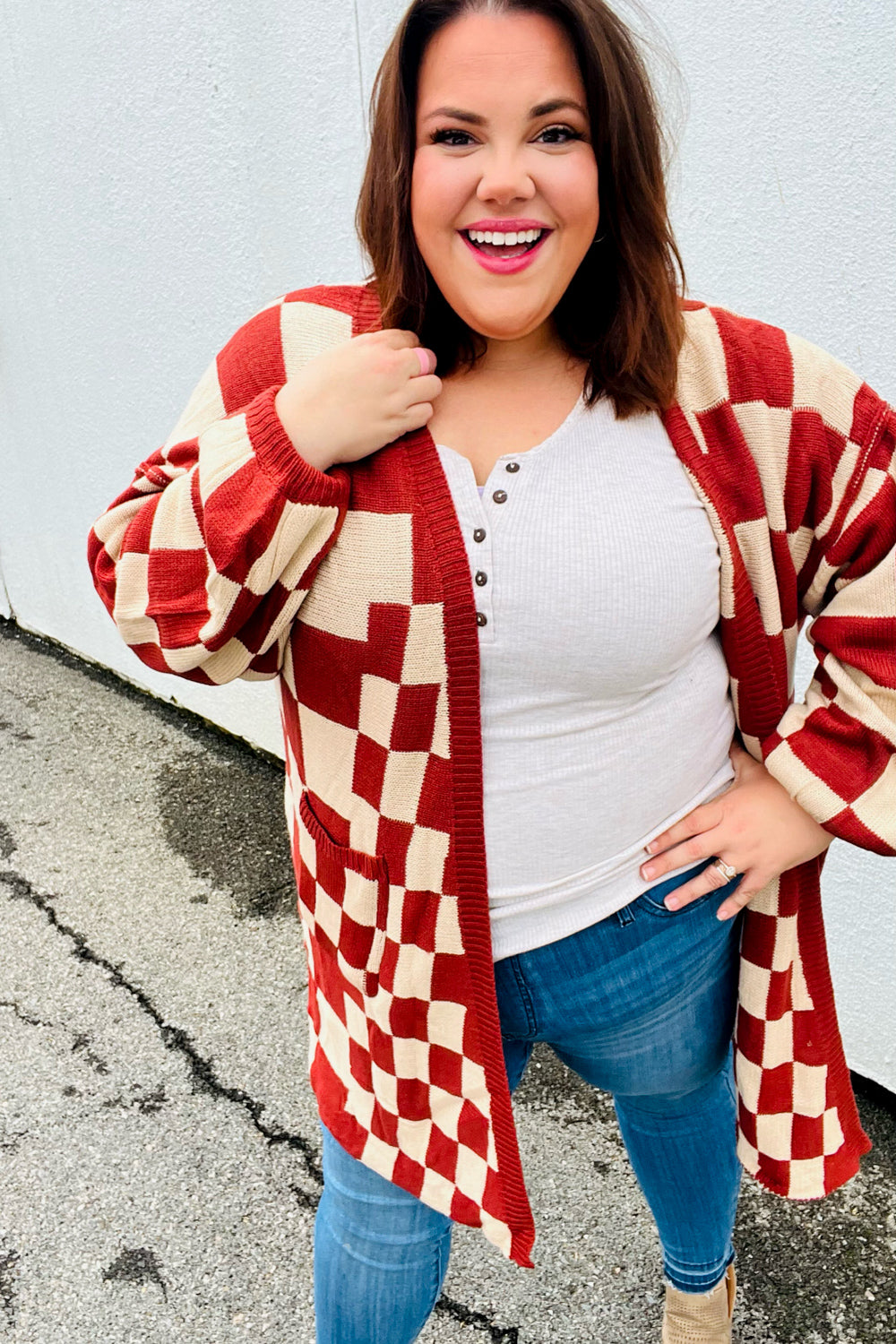 Rust Checkered Open Cardigan