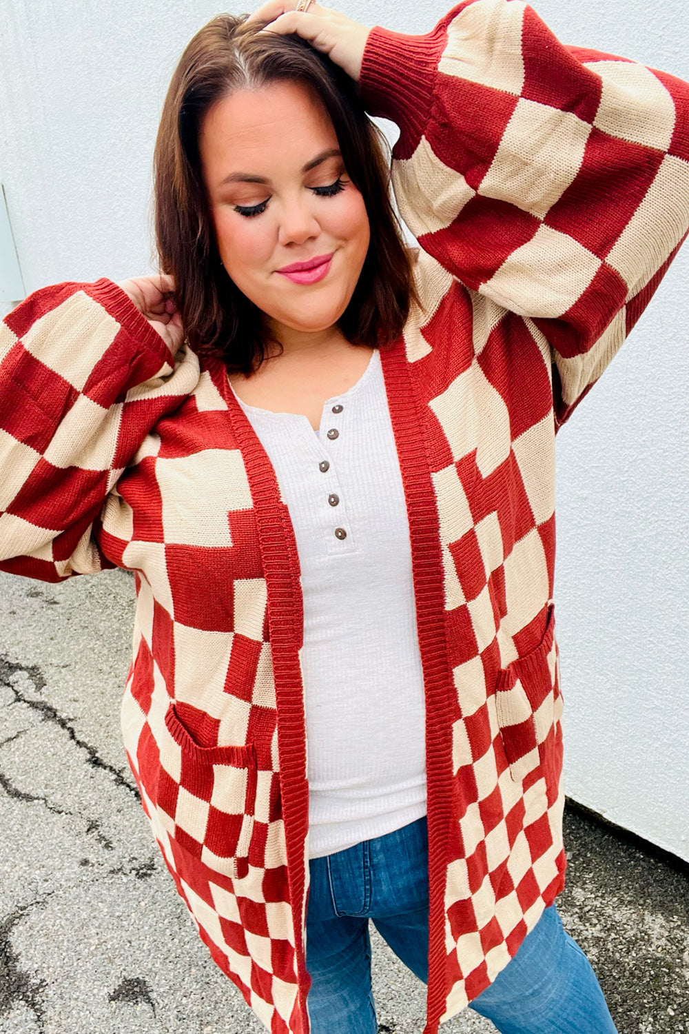 Rust Checkered Open Cardigan