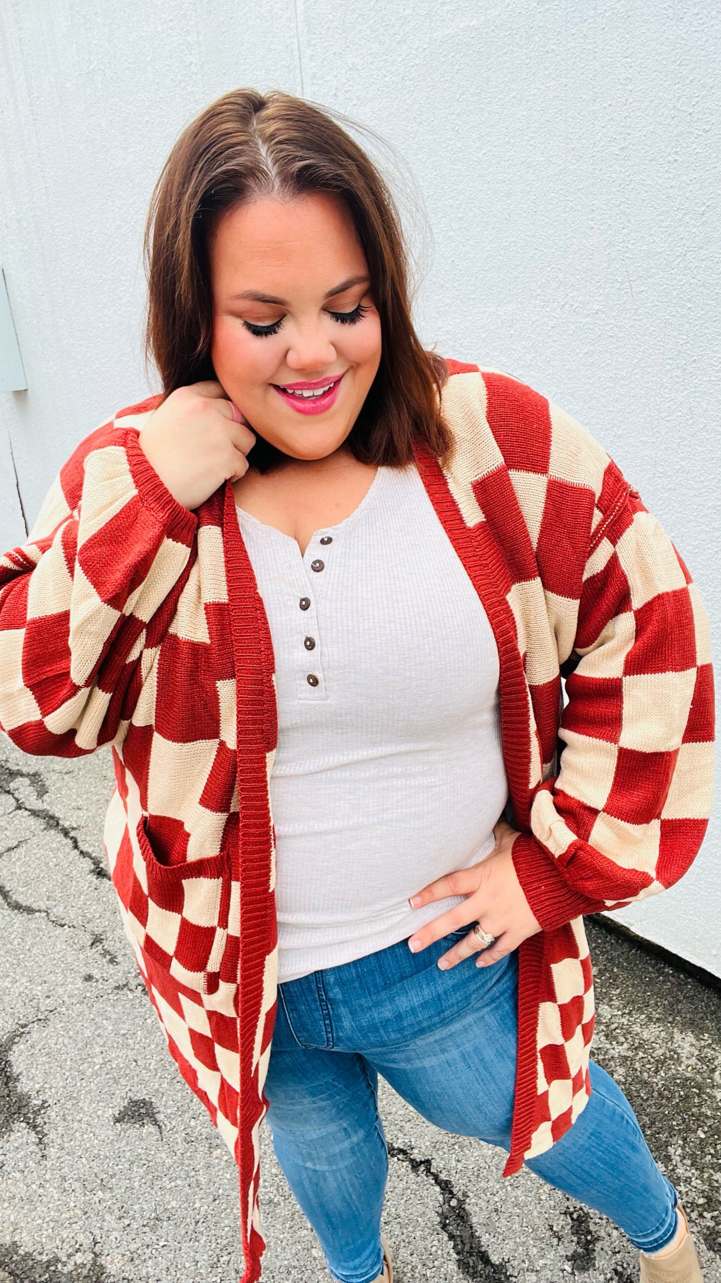 Rust Checkered Open Cardigan