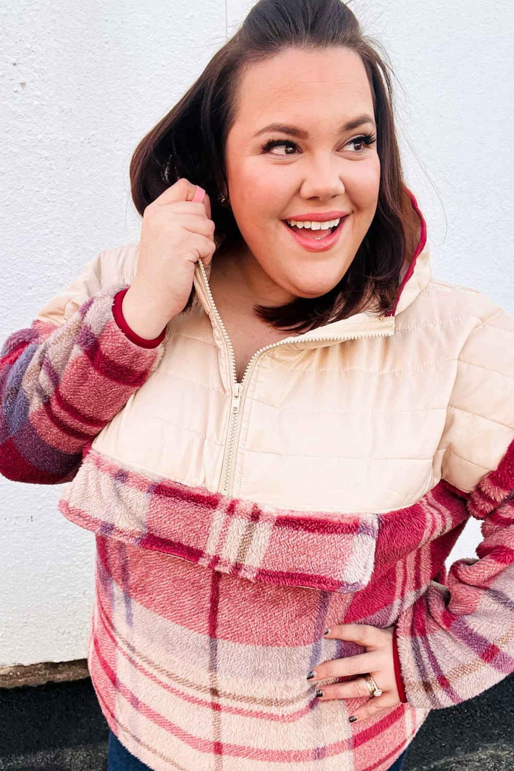 Oatmeal & Garnet Plaid Half Zip Puffer Hoodie