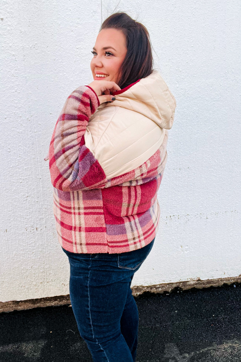 Oatmeal & Garnet Plaid Half Zip Puffer Hoodie