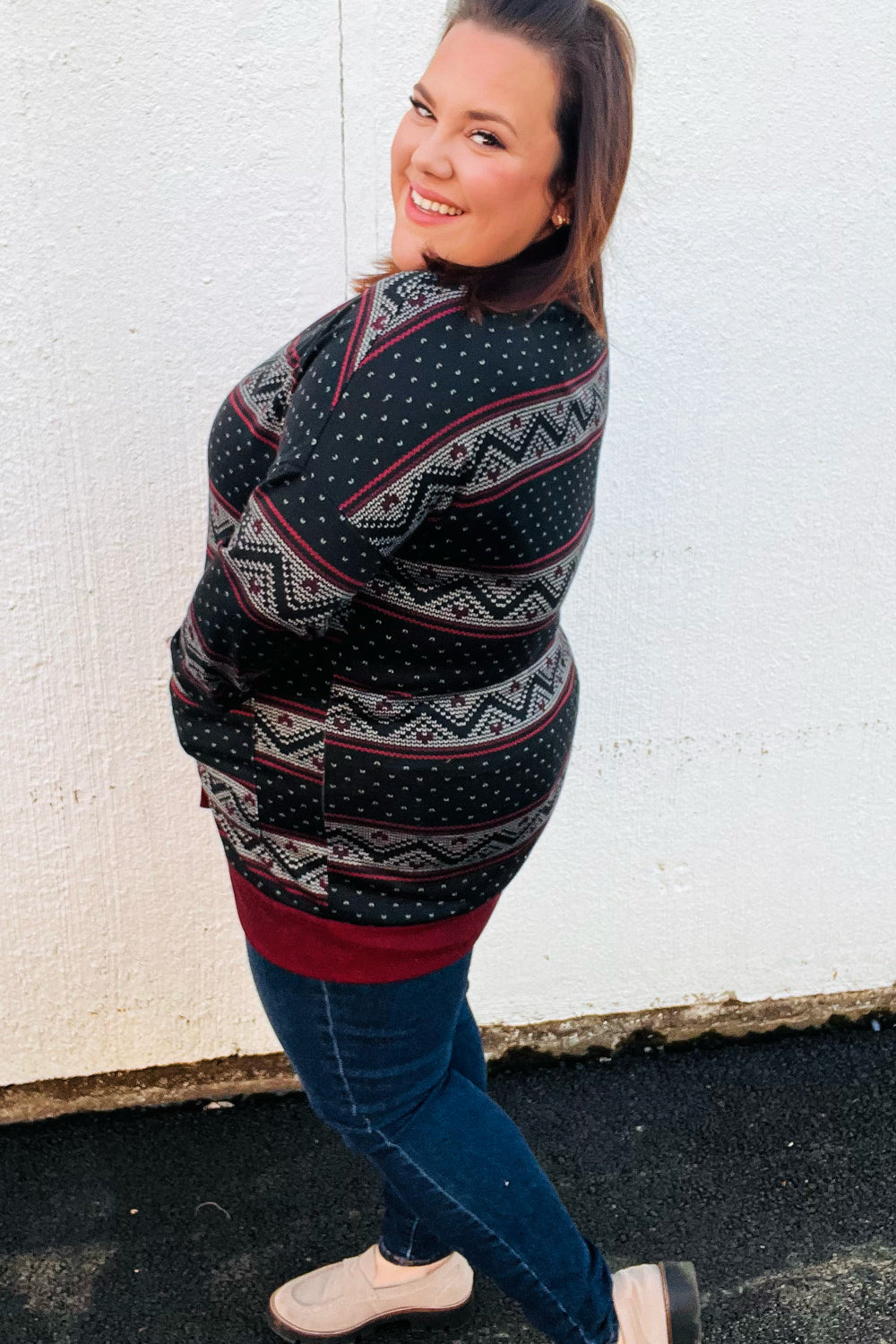 Burgundy Fair Isle Button Cardigan