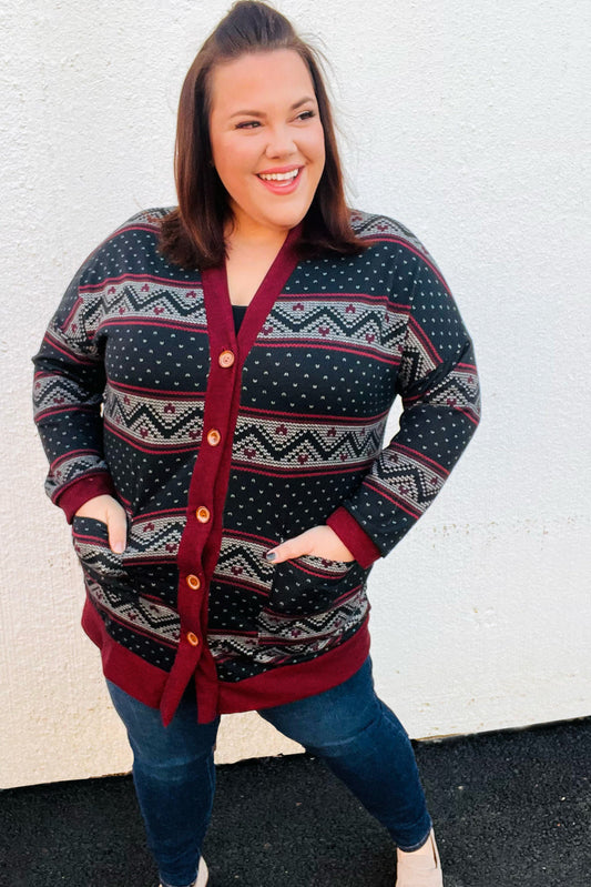 Burgundy Fair Isle Button Cardigan