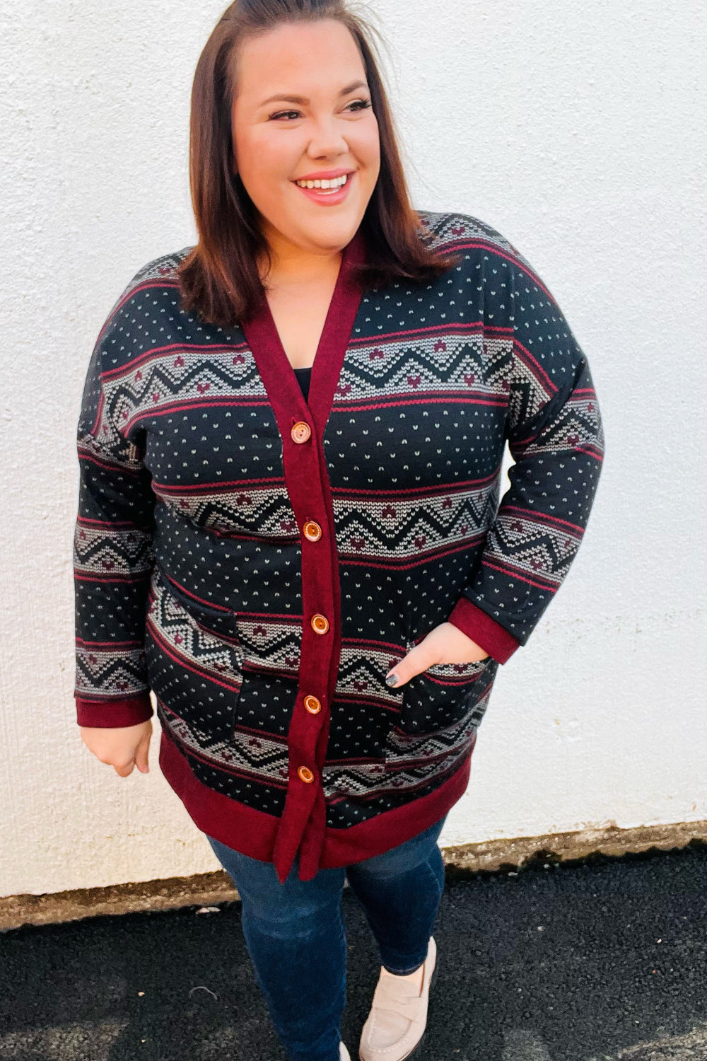 Burgundy Fair Isle Button Cardigan