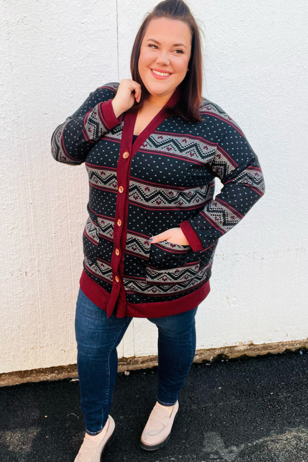 Burgundy Fair Isle Button Cardigan