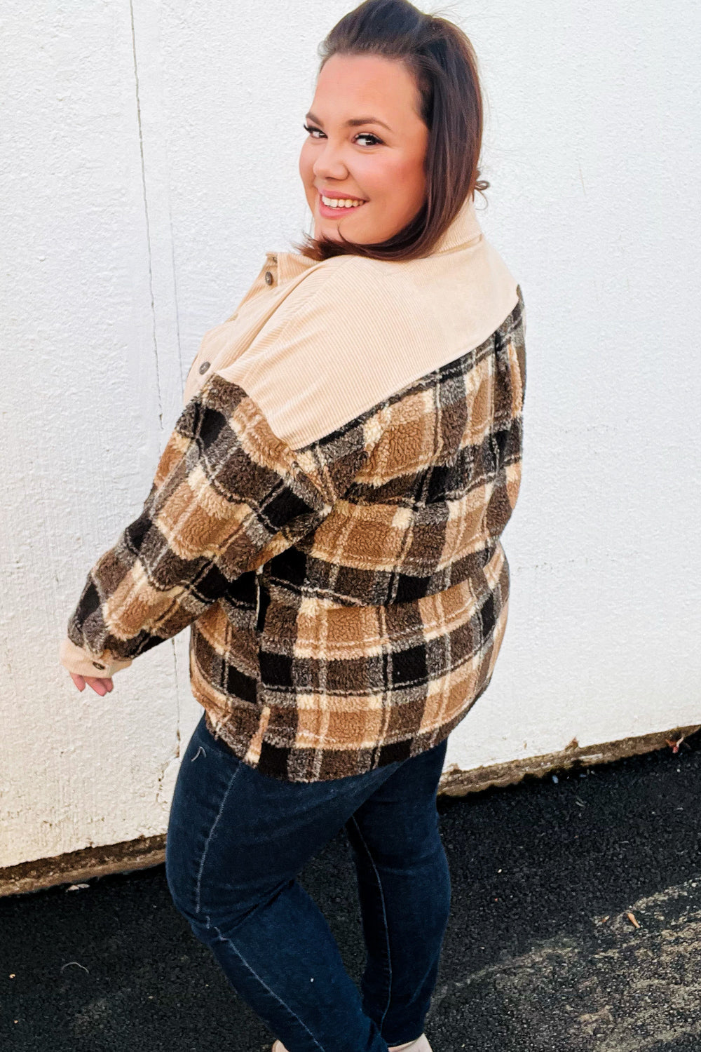 Taupe Corduroy & Plaid Sherpa Button Shacket