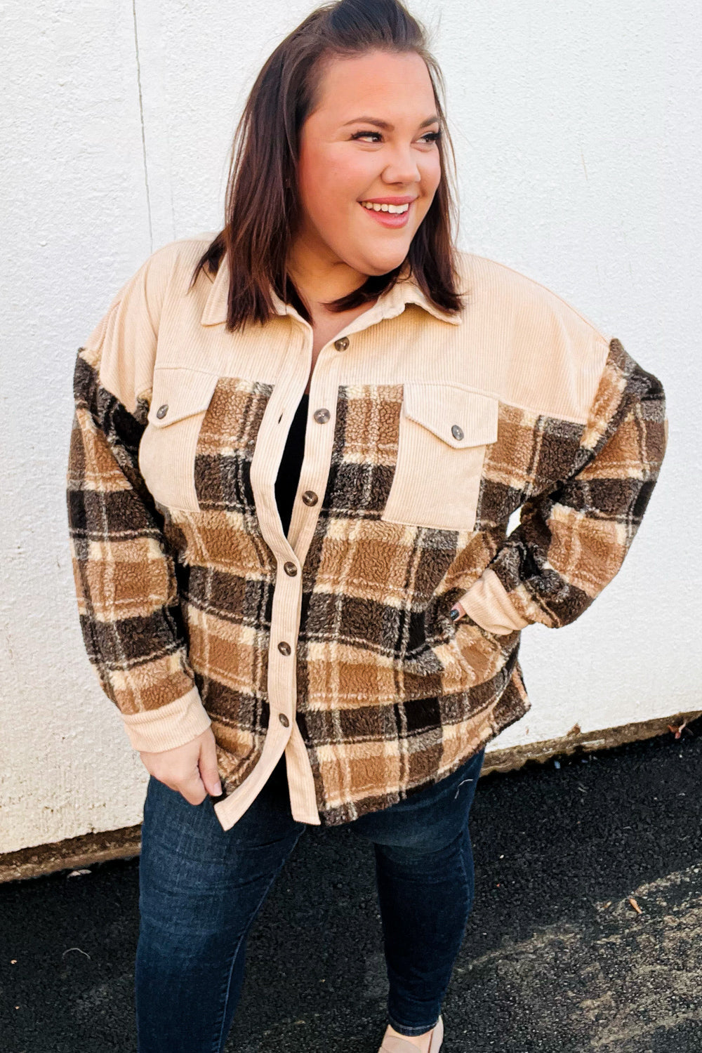 Taupe Corduroy & Plaid Sherpa Button Shacket