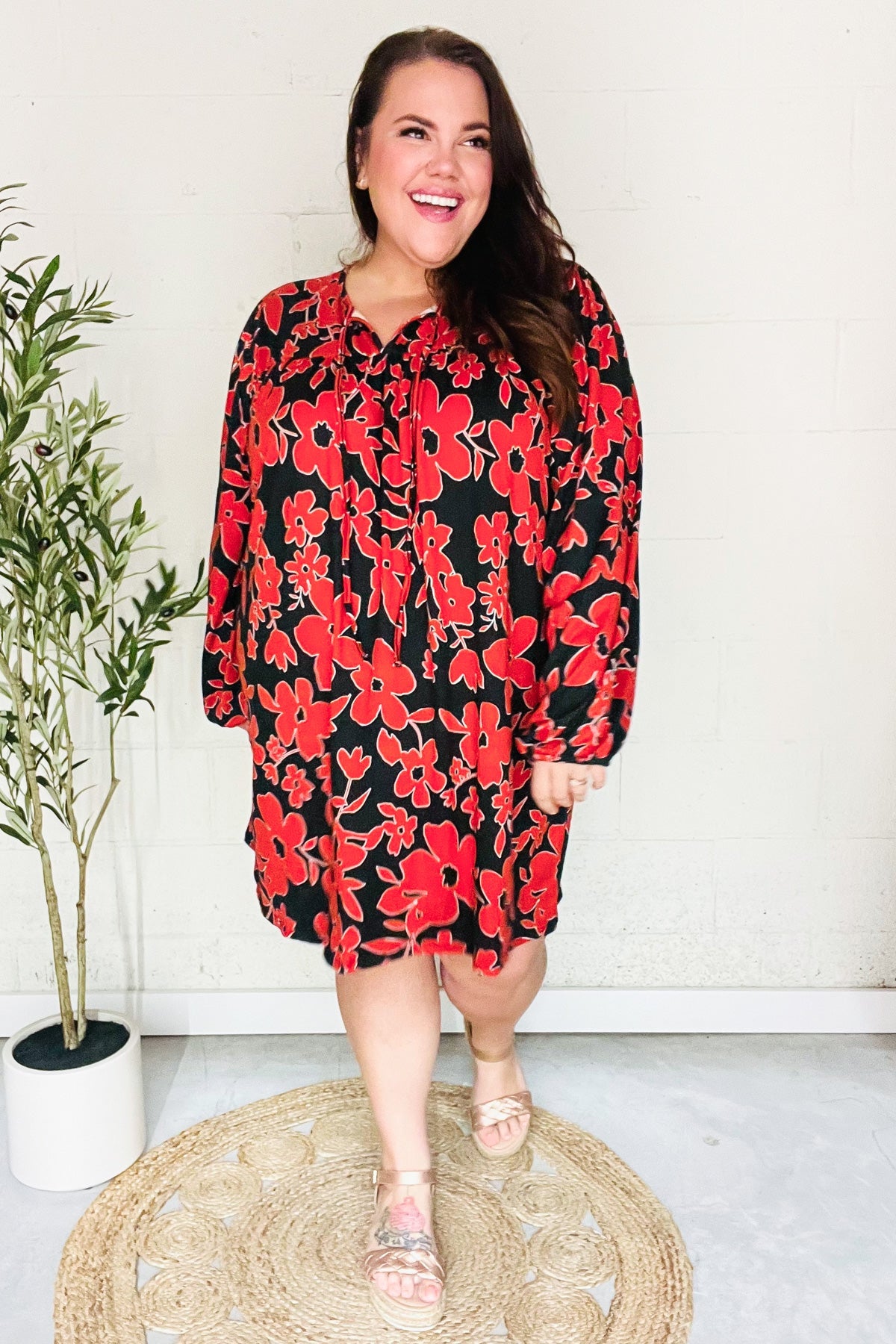 Rust & Black Floral Print Front Tie Dress