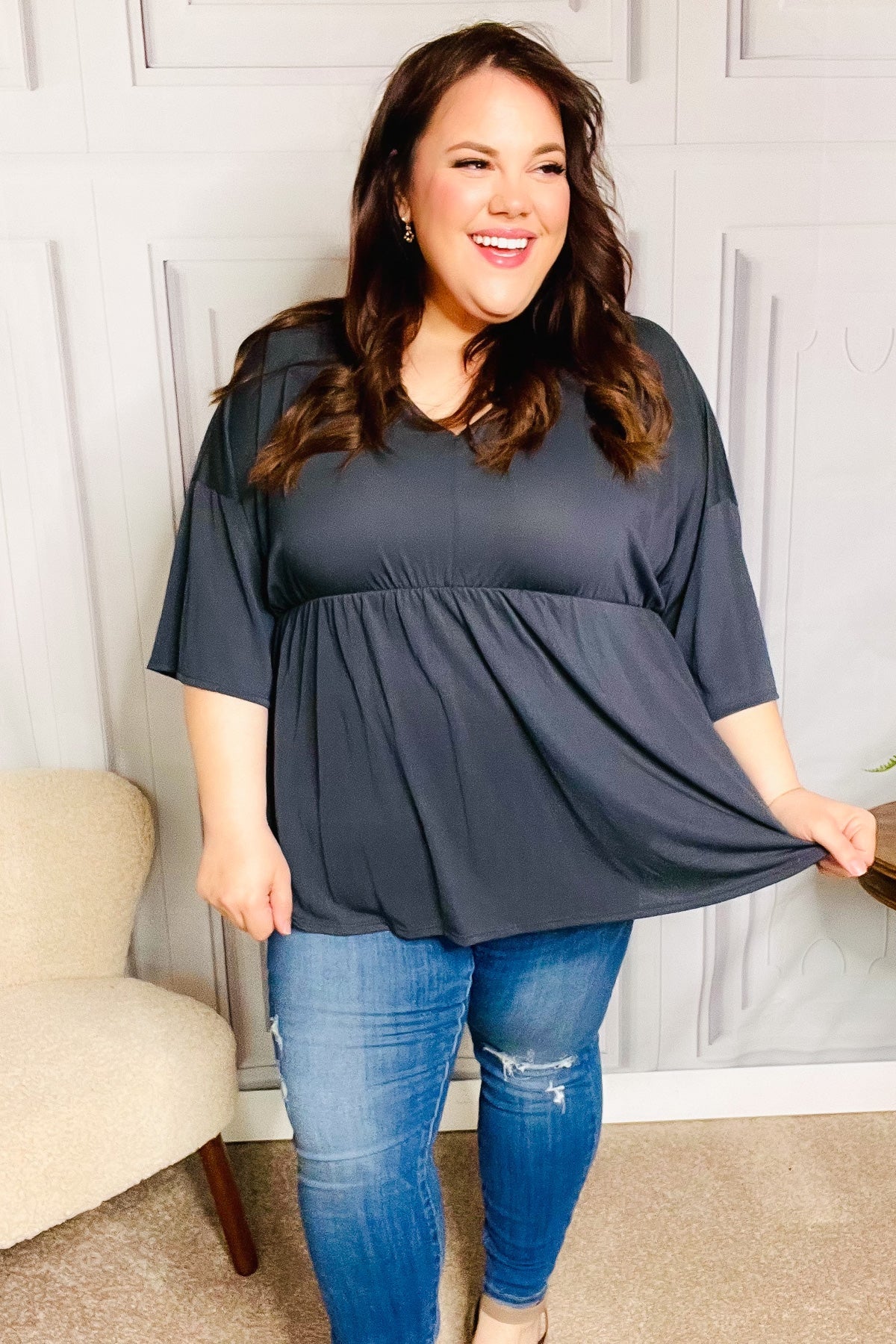 Charcoal Modal V Neck Babydoll Dolman Top