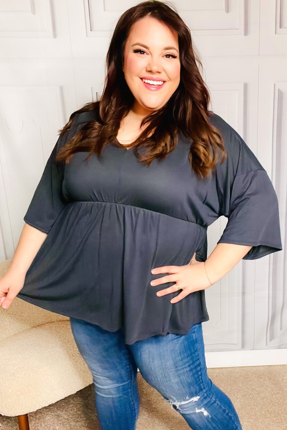 Charcoal Modal V Neck Babydoll Dolman Top