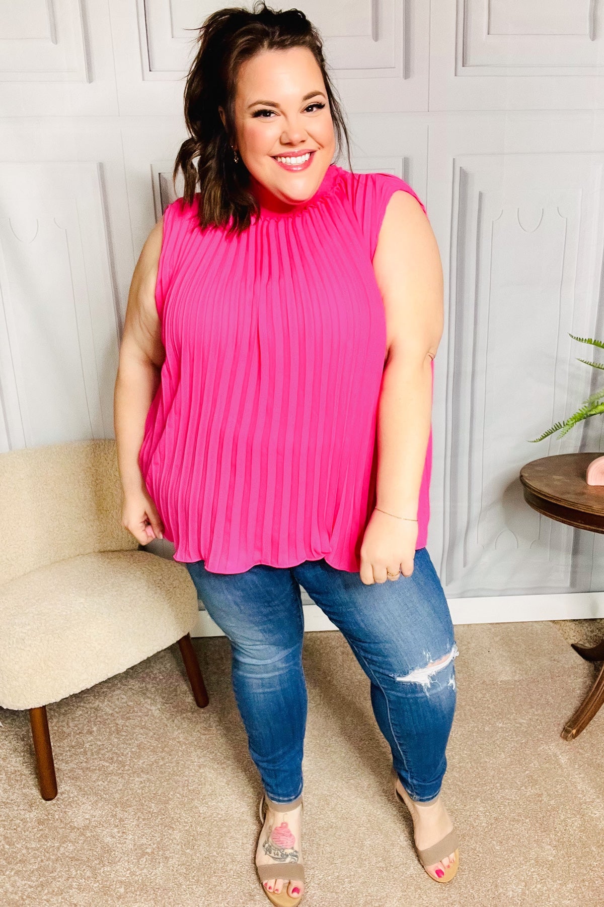 Fuchsia Smocked Neck Pleated Sleeveless Top