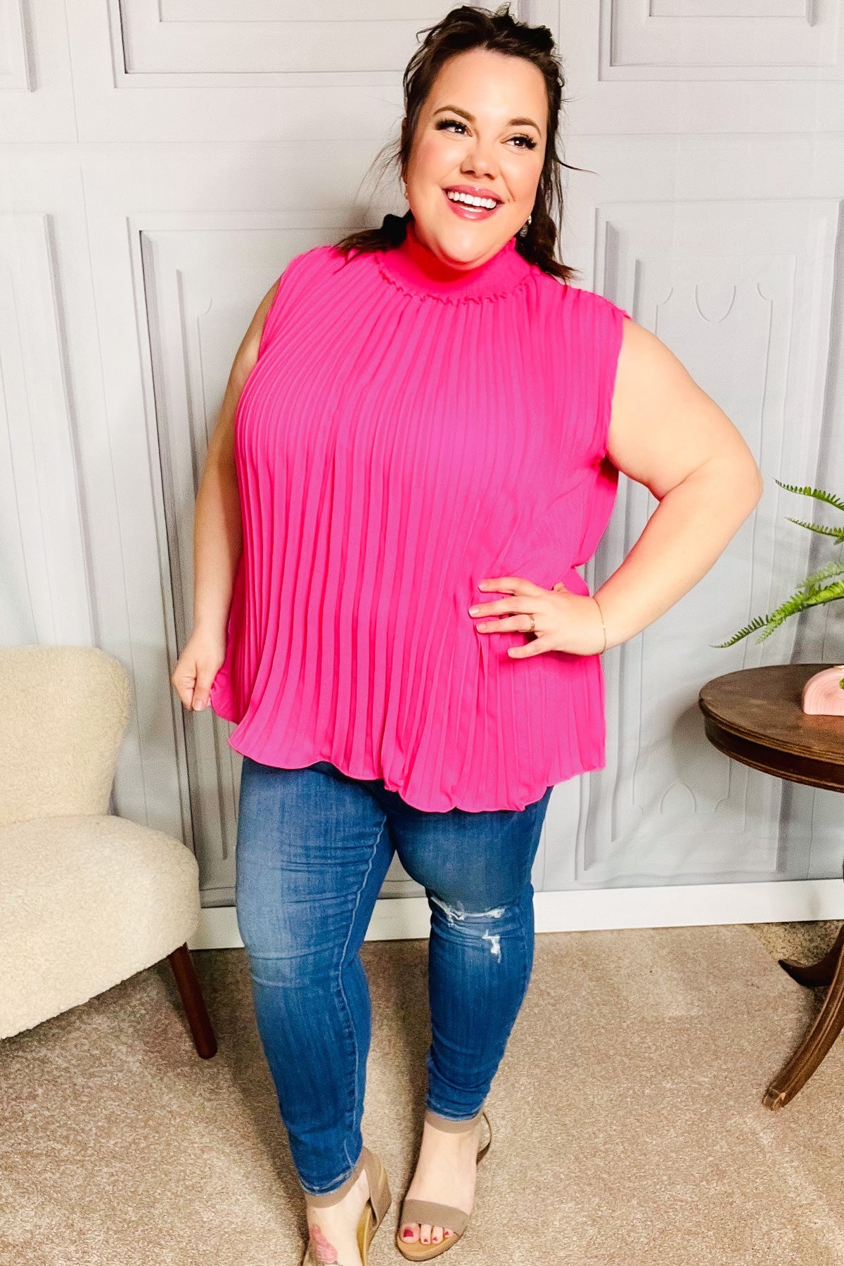 Fuchsia Smocked Neck Pleated Sleeveless Top