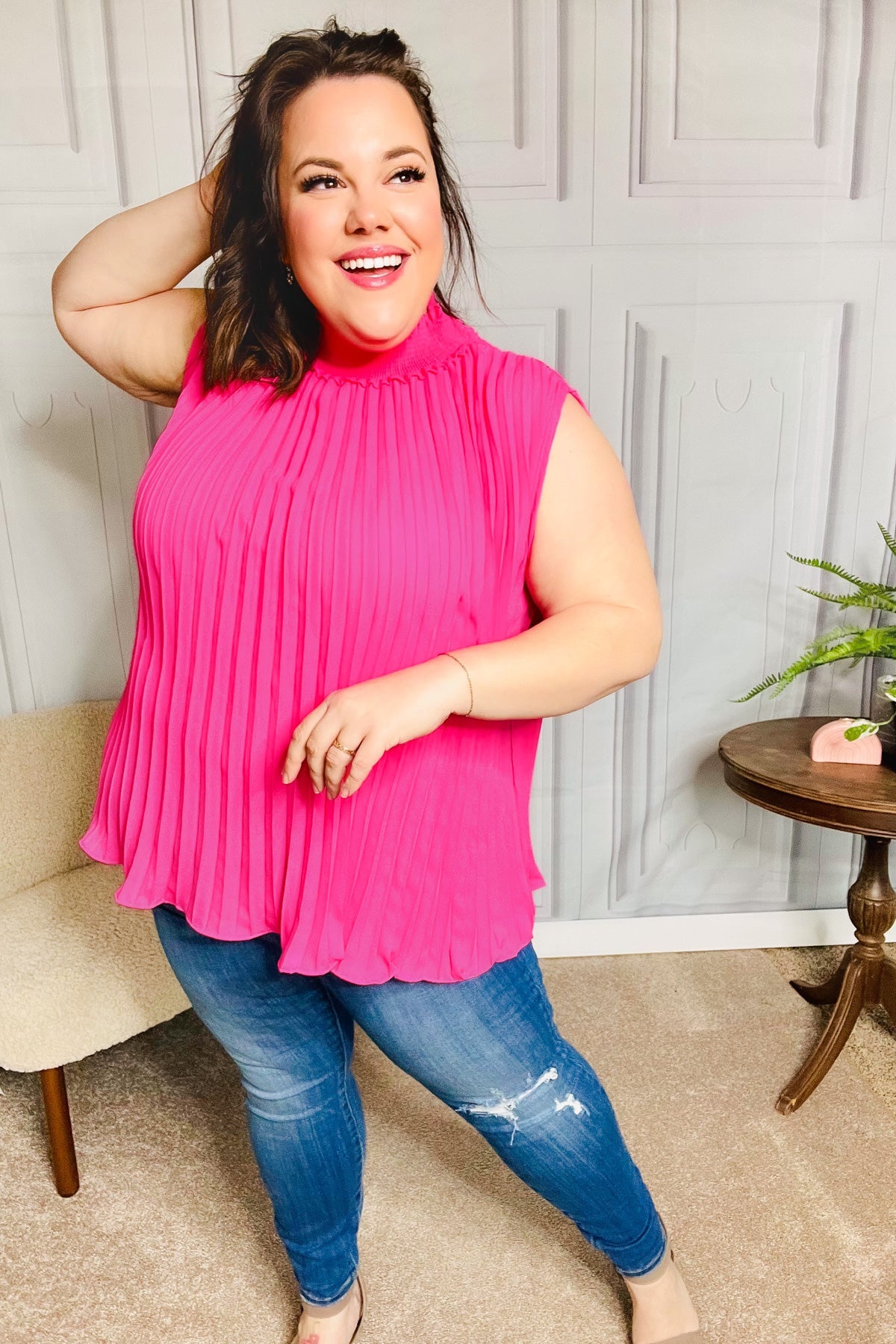 Fuchsia Smocked Neck Pleated Sleeveless Top