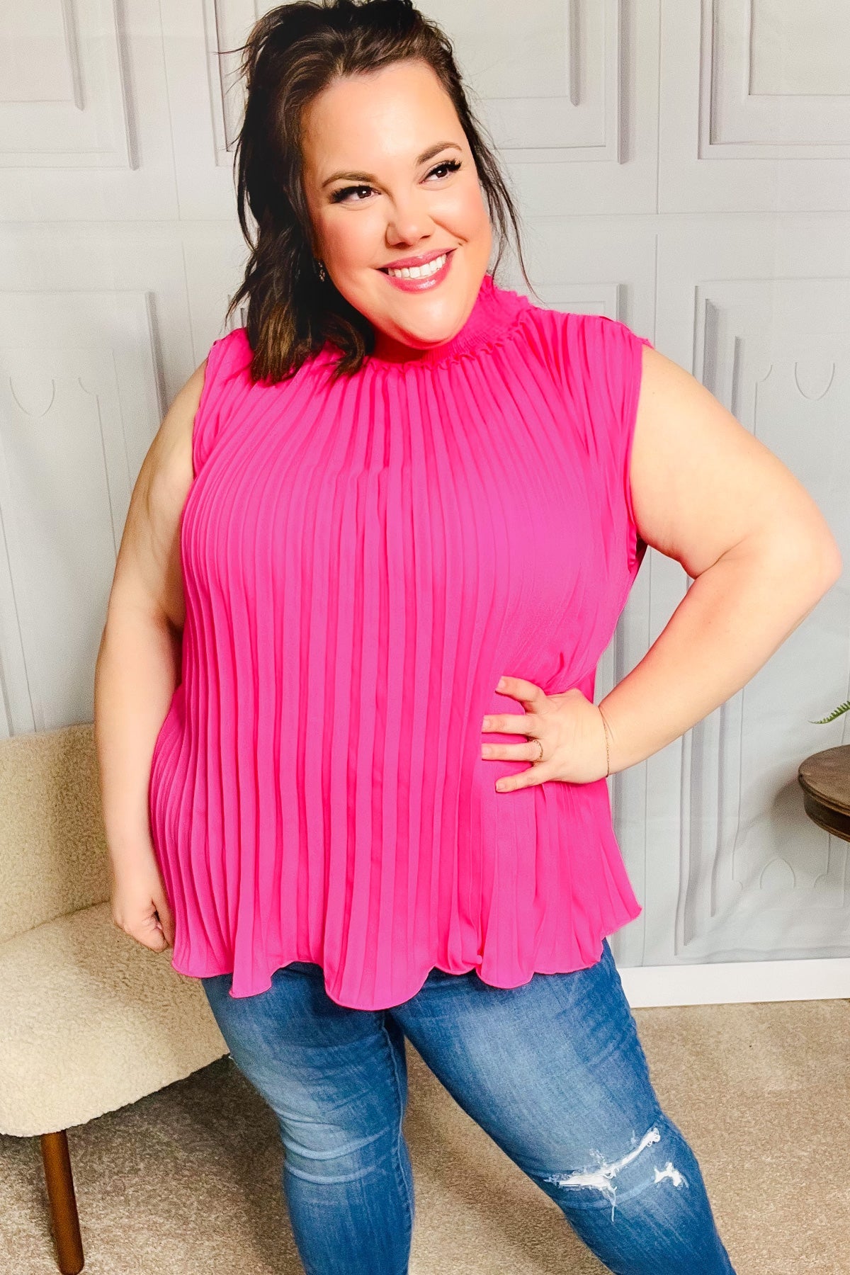 Fuchsia Smocked Neck Pleated Sleeveless Top