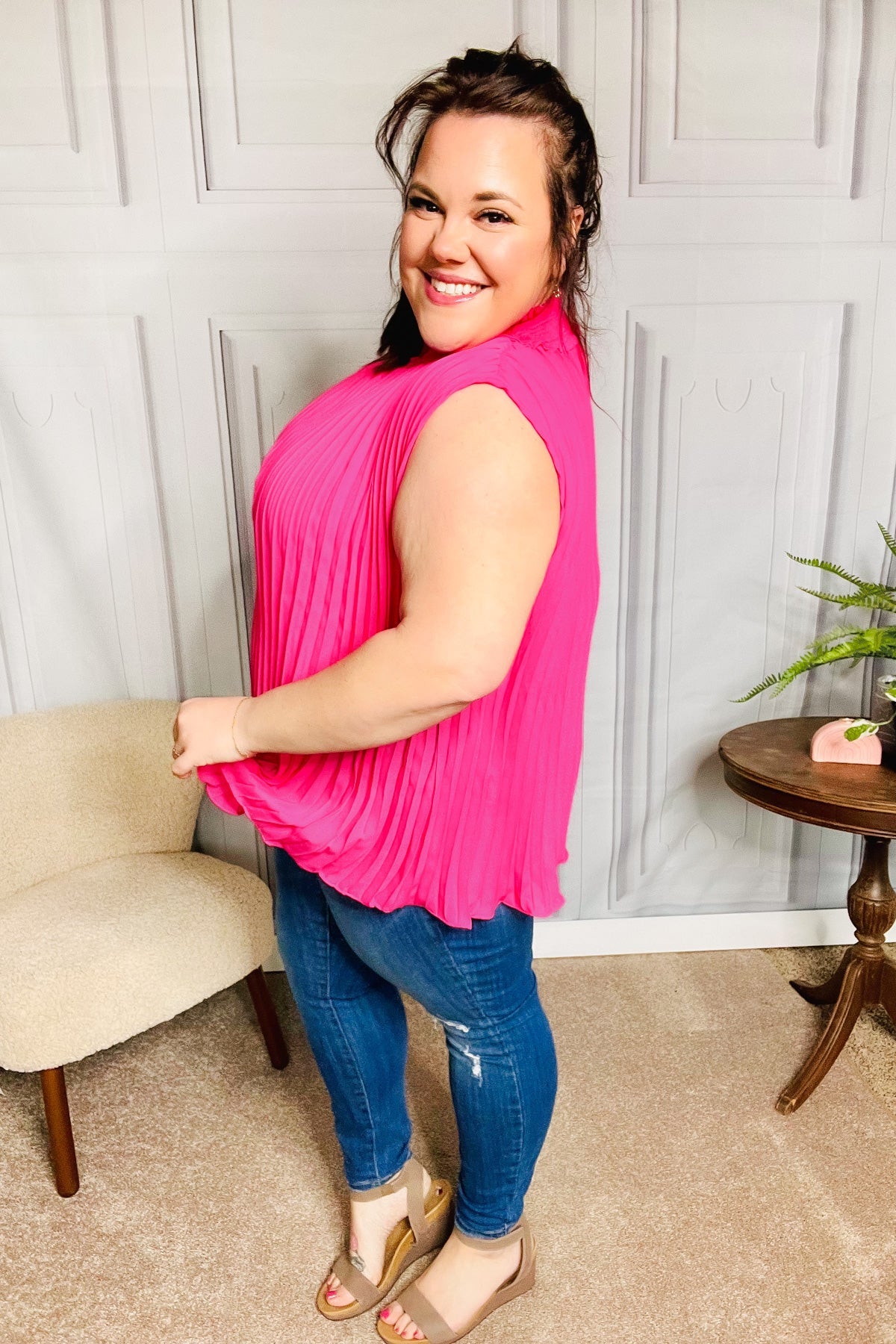 Fuchsia Smocked Neck Pleated Sleeveless Top