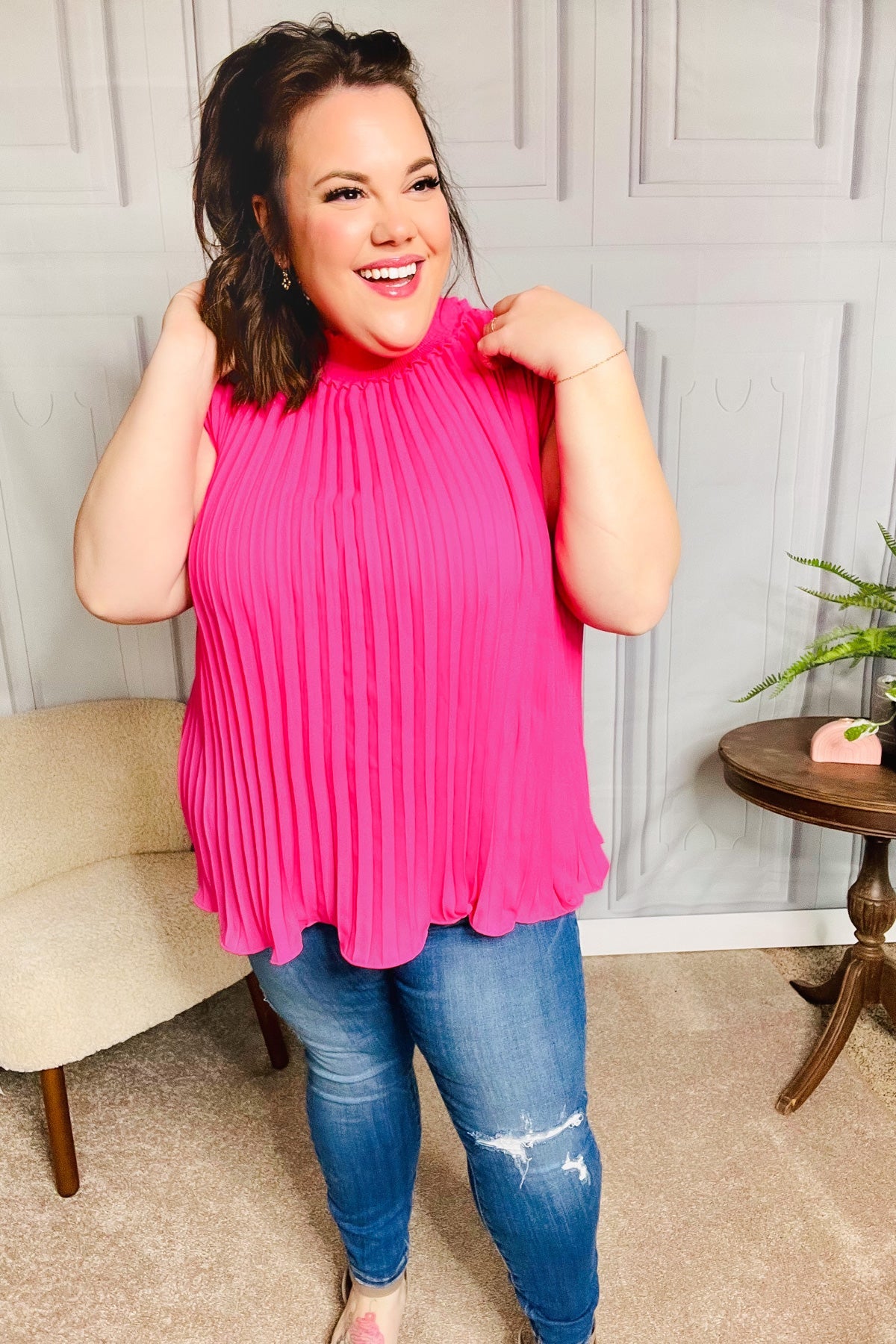 Fuchsia Smocked Neck Pleated Sleeveless Top