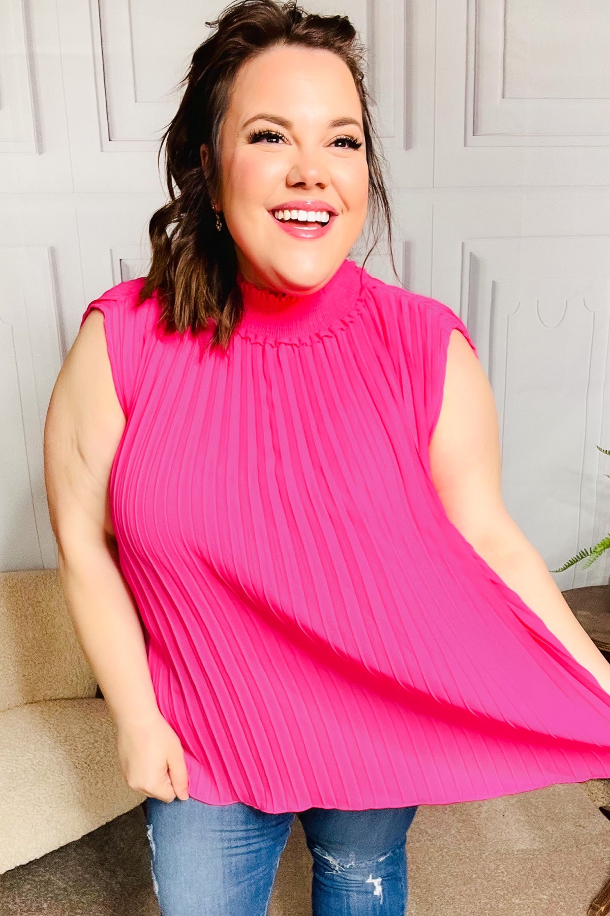 Fuchsia Smocked Neck Pleated Sleeveless Top