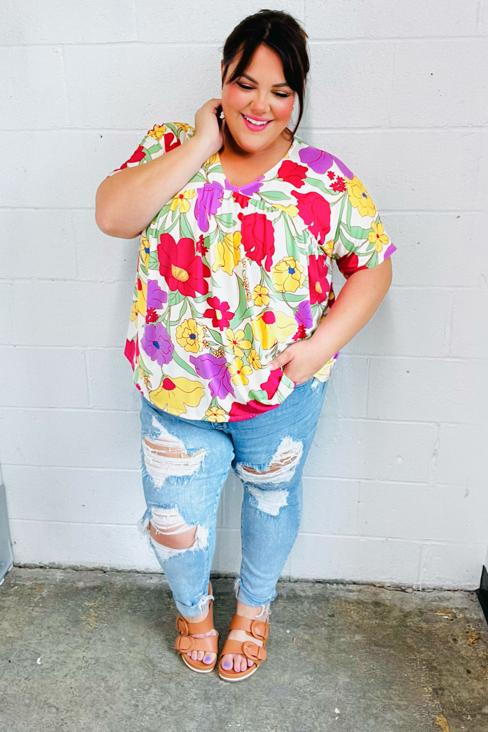 Multicolor Floral V Neck Dolman Top