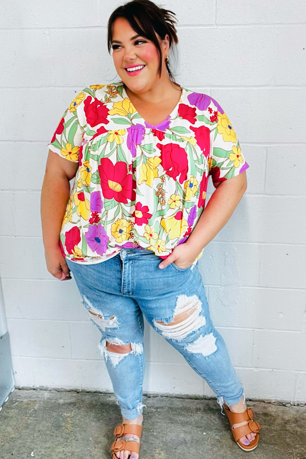 Multicolor Floral V Neck Dolman Top