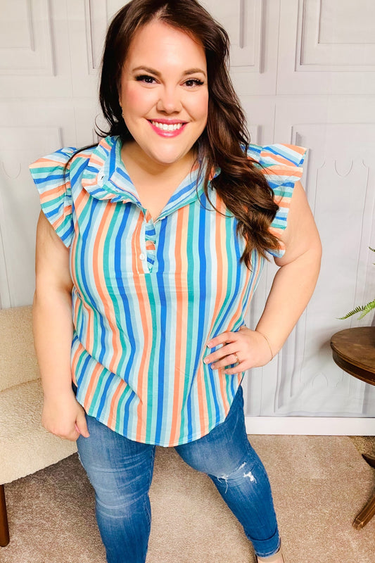 Sky Blue Striped Frill Button Down Top