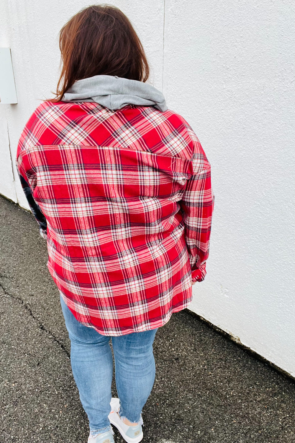 Red & Navy Plaid Color Block Hoodie Shacket