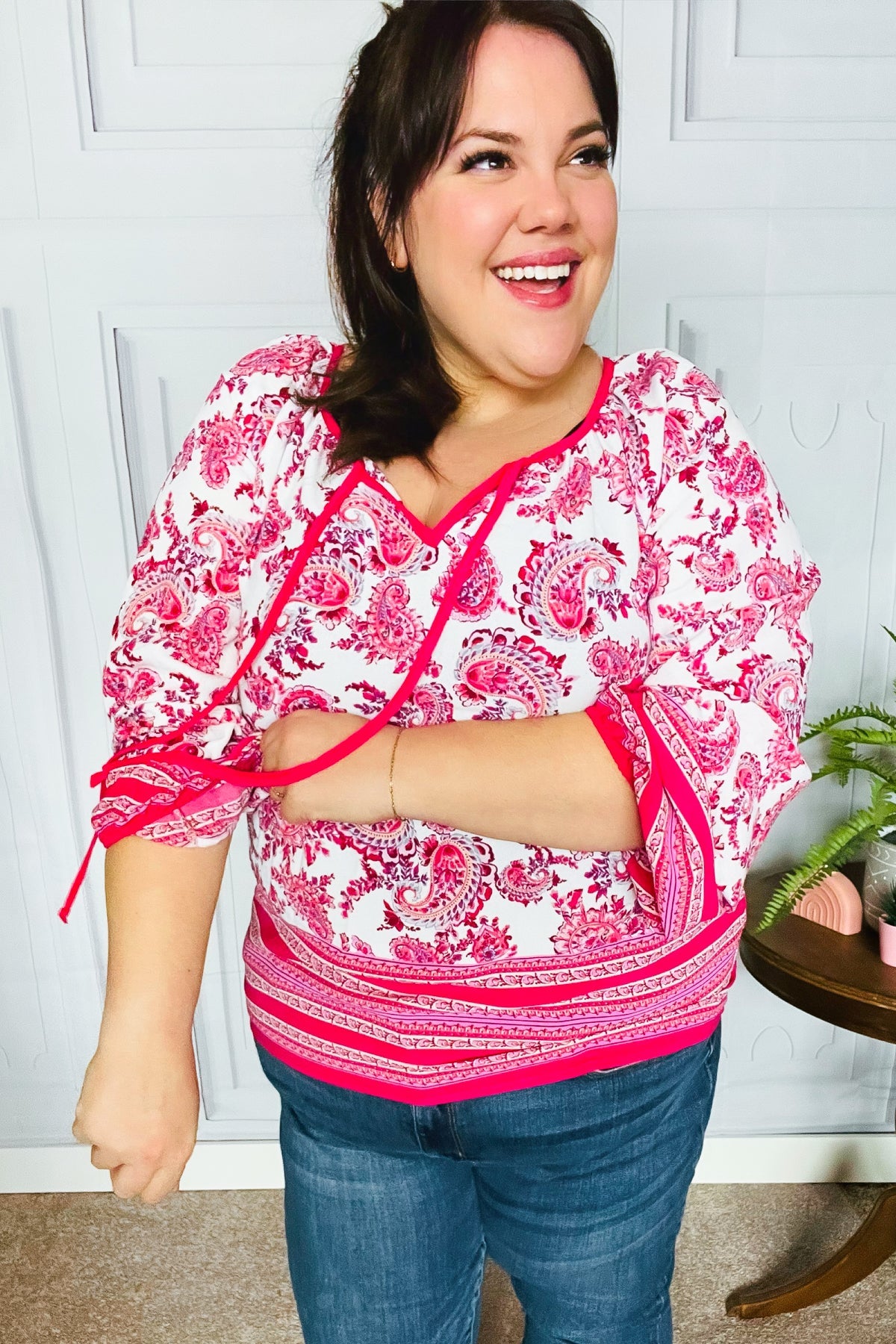 Fuchsia Paisley Boho Front Tie Top