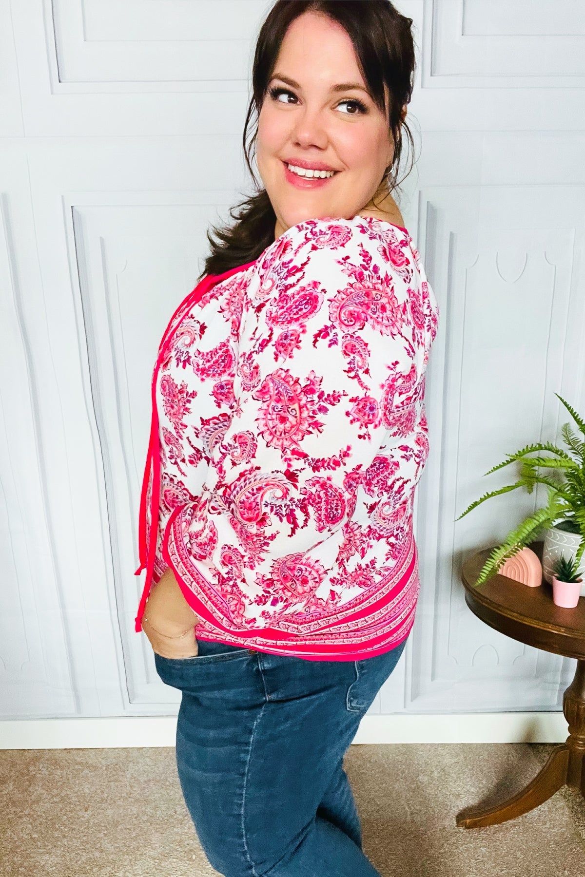 Fuchsia Paisley Boho Front Tie Top