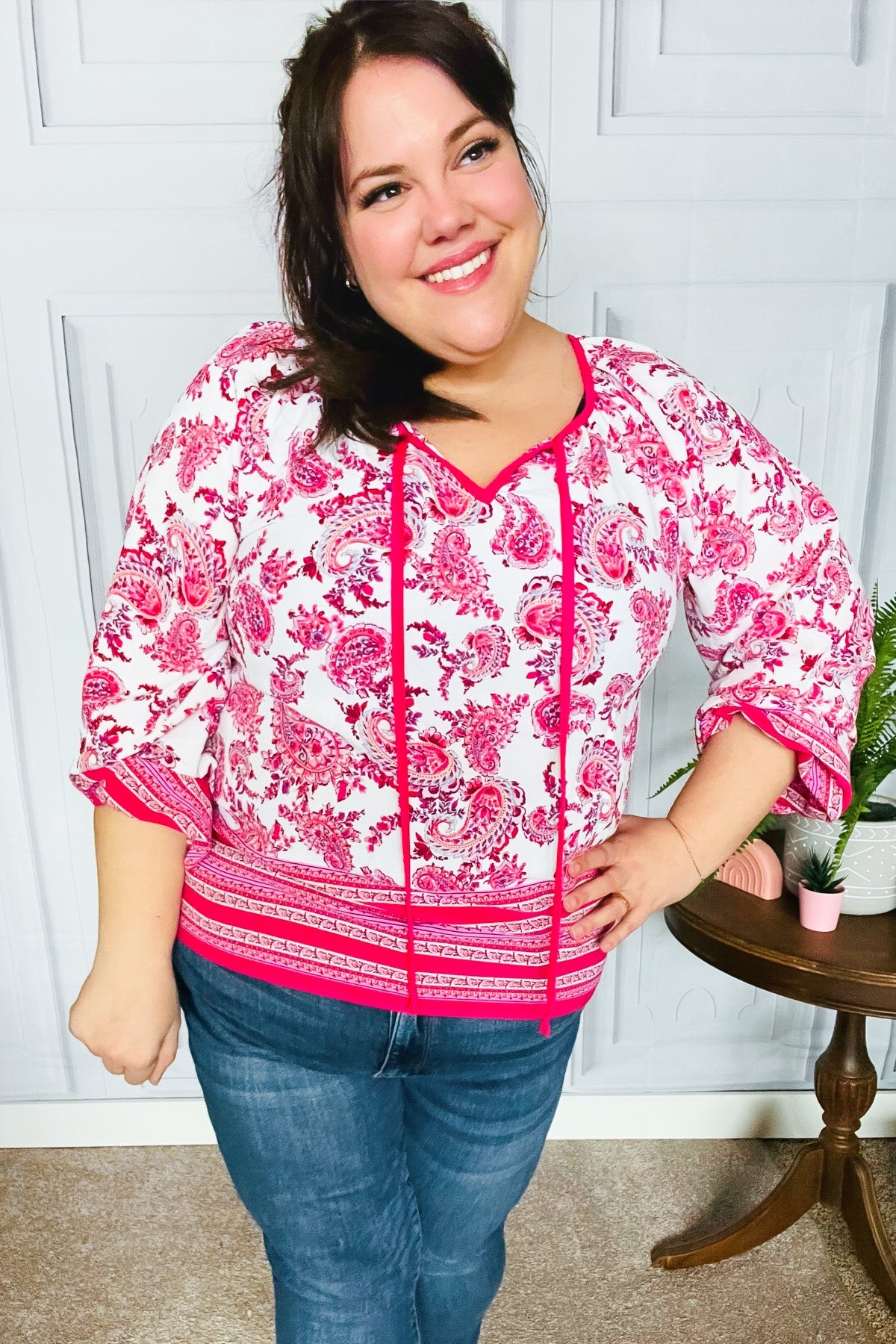 Fuchsia Paisley Boho Front Tie Top