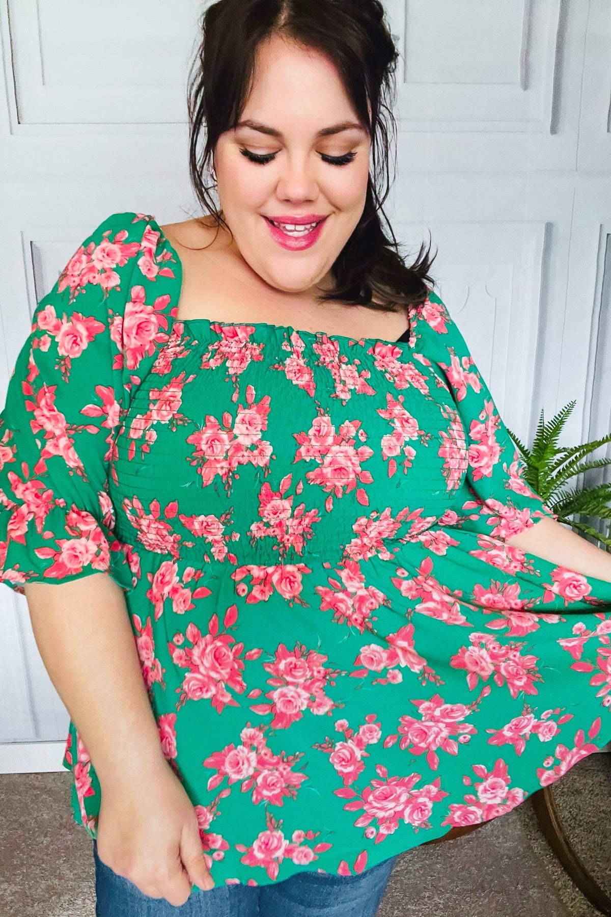 Smocked Green & Coral Floral Babydoll Blouse