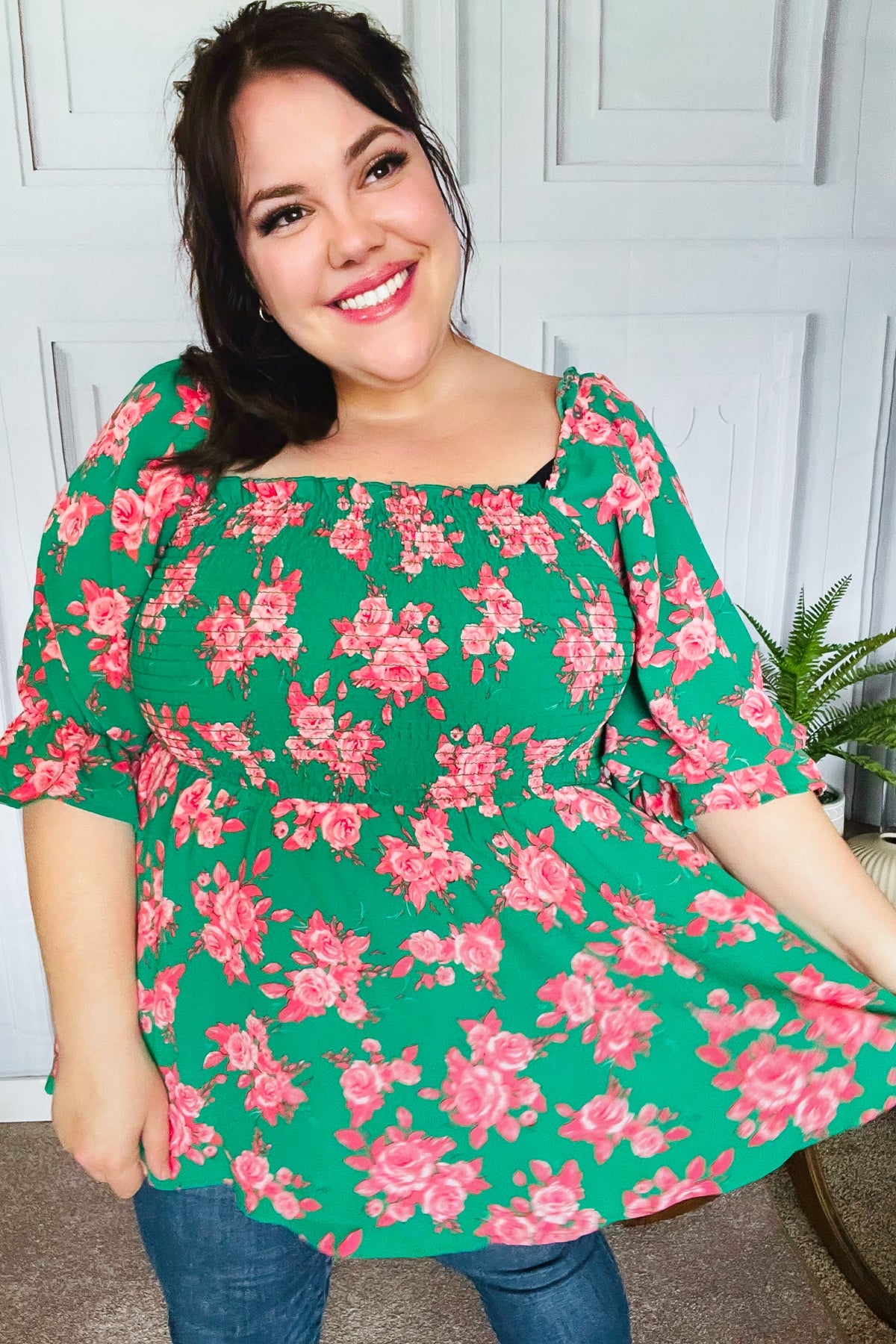 Smocked Green & Coral Floral Babydoll Blouse