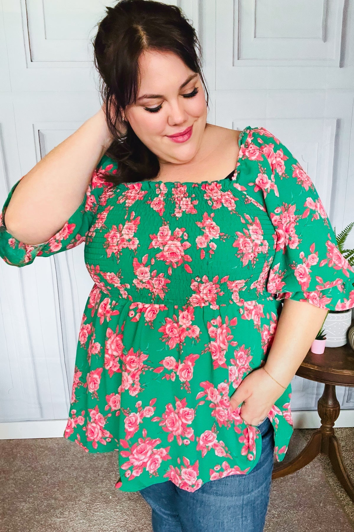 Smocked Green & Coral Floral Babydoll Blouse