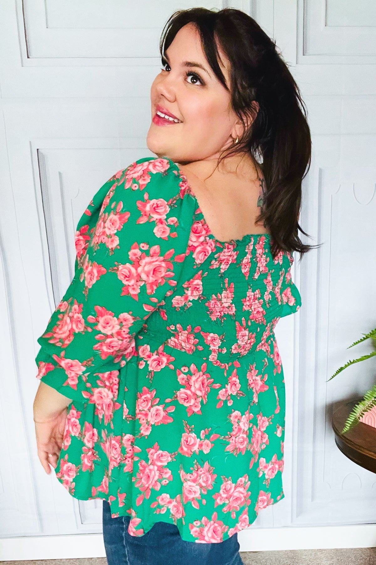 Smocked Green & Coral Floral Babydoll Blouse