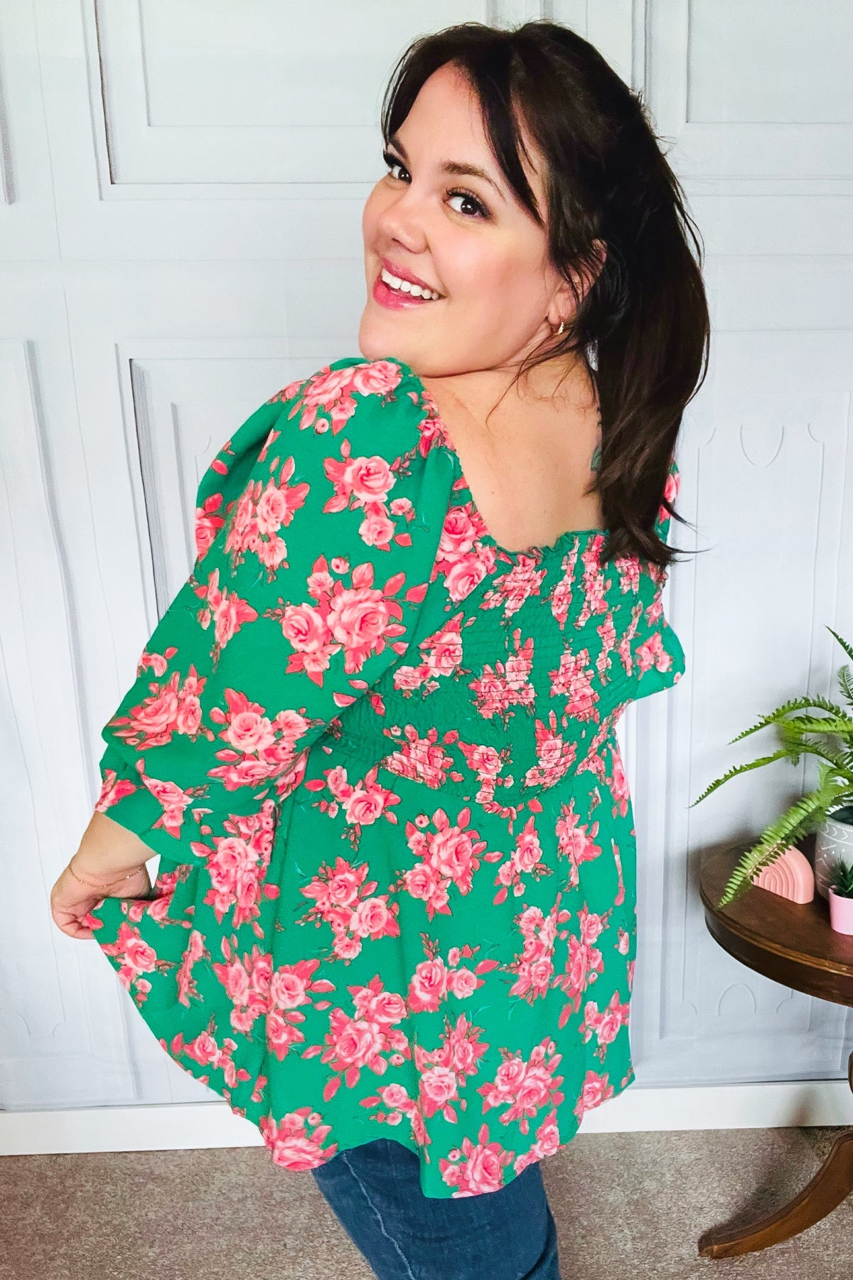 Smocked Green & Coral Floral Babydoll Blouse