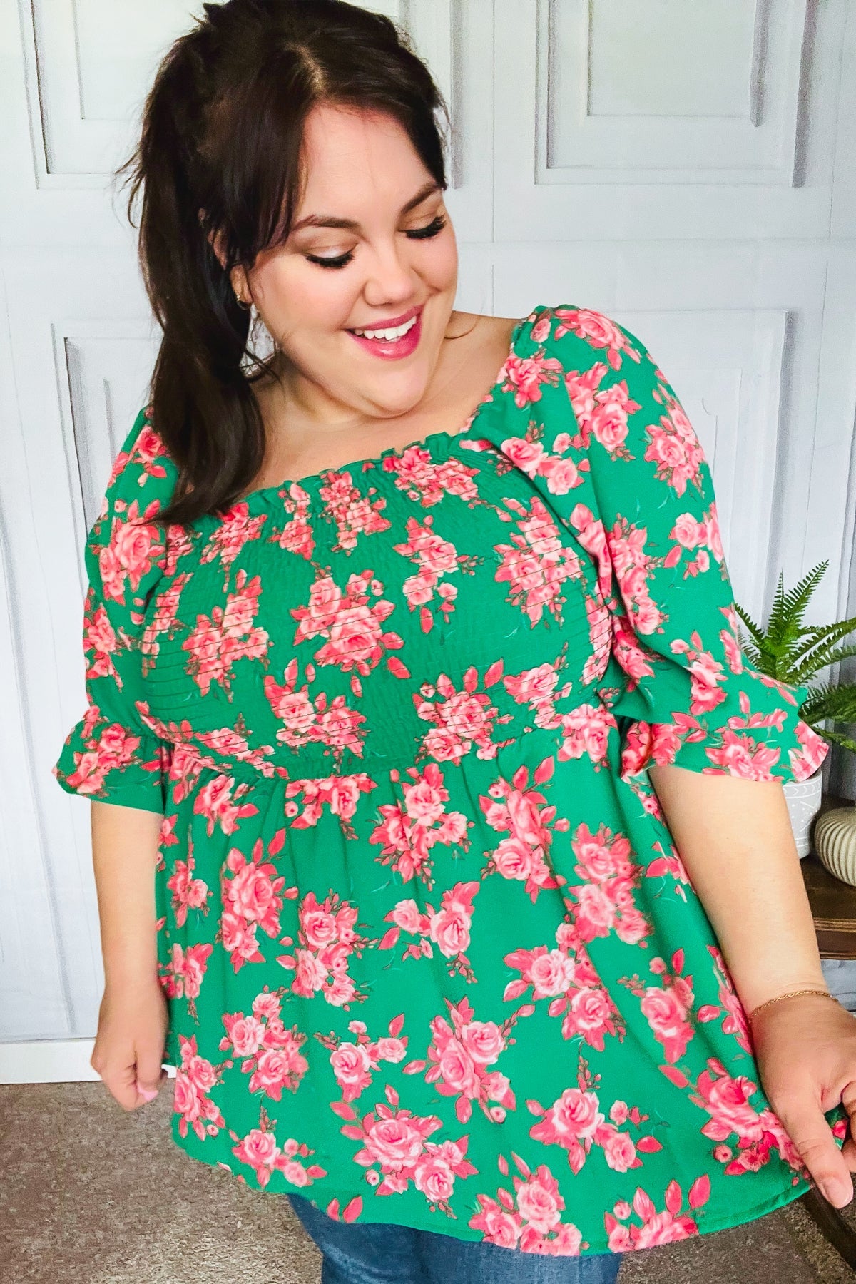 Smocked Green & Coral Floral Babydoll Blouse