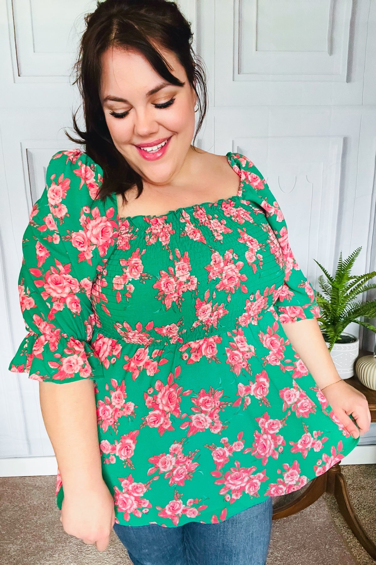 Smocked Green & Coral Floral Babydoll Blouse