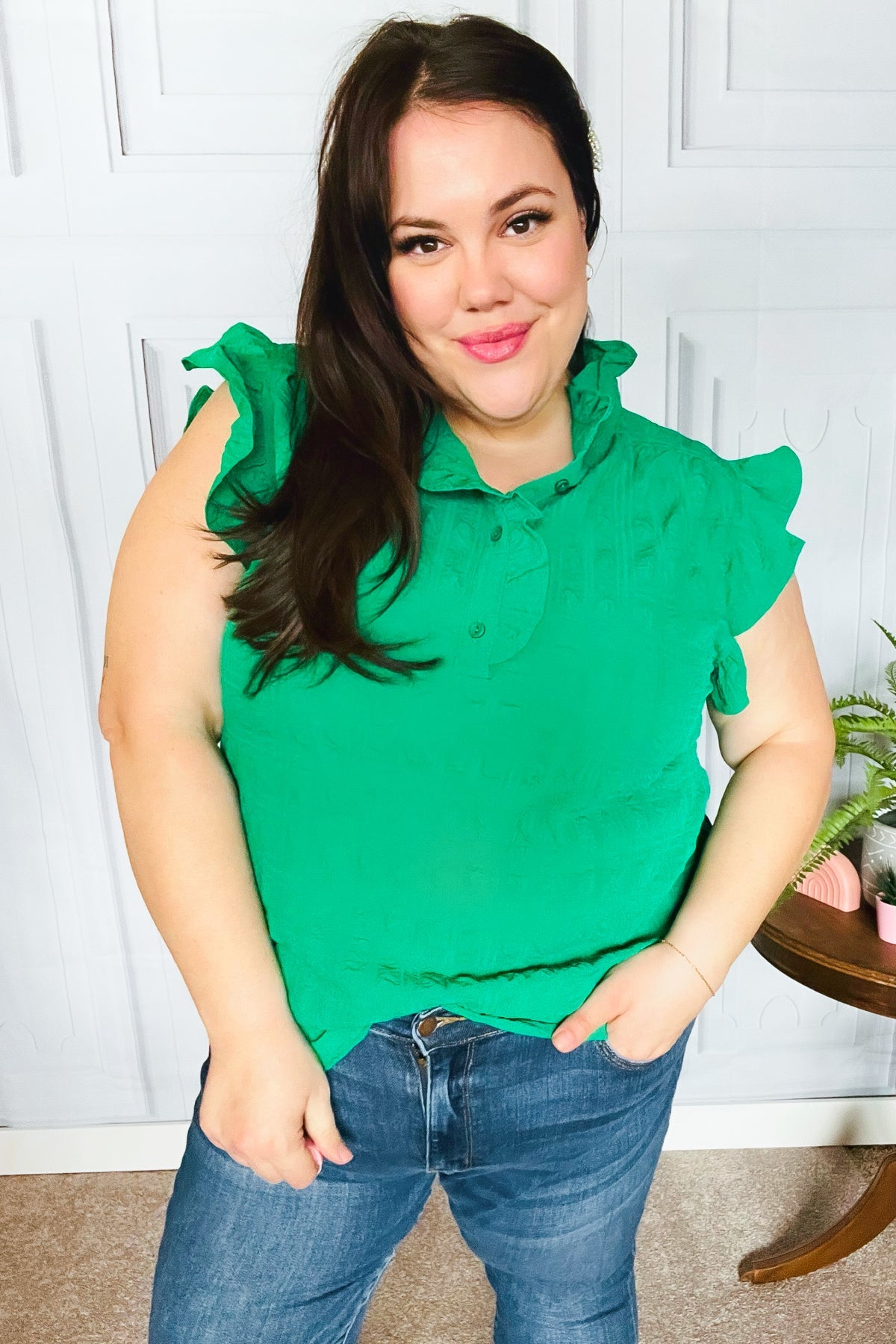 Kelly Green Textured Ruffle Mock Neck Button Down Top