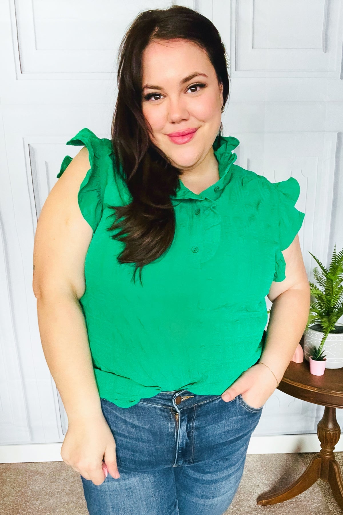 Kelly Green Textured Ruffle Mock Neck Button Down Top